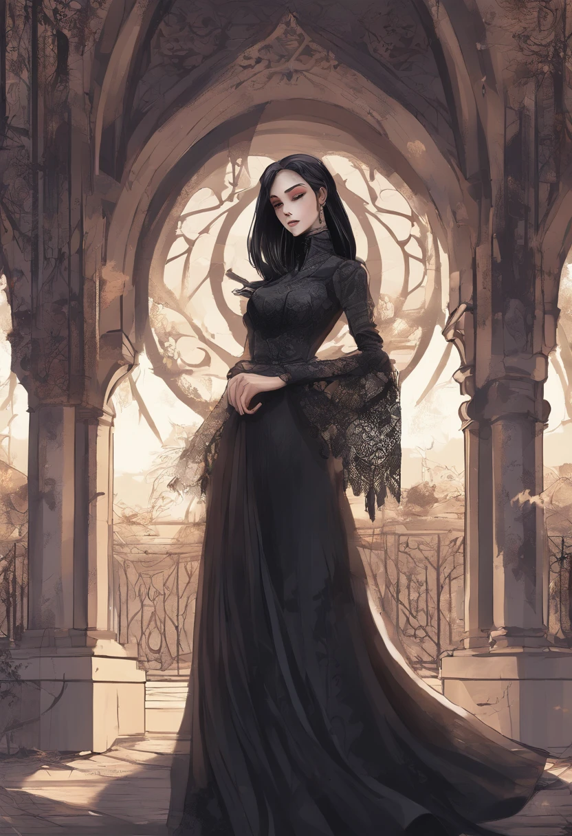 (best quality,4k,8k,highres,masterpiece:1.2),ultra-detailed,(realistic,photorealistic,photo-realistic:1.37),goth girl,round face,soft lips,brown eyes,dark makeup,silver nose ring,victorian style clothing, dramatic shadows on her face,long dark hair flowing in the wind,expressive and melancholic gaze,gentle breeze rustling her clothes,pale complexion,subtle glow on her skin,romantic atmosphere,gothic architecture in the distance,vibrant colors contrasting with her dark outfit,subtle gothic jewelry,ornate patterns on her clothes,soft and dreamy color palette,gorgeous evening ensemble,delicate lace details,ethereal and mysterious aura,serene and contemplative mood.