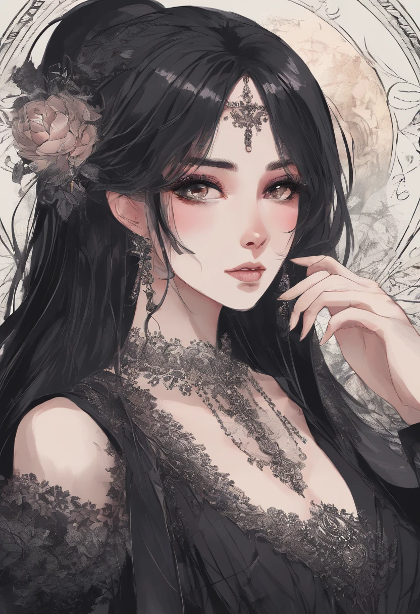 (best quality,4k,8k,highres,masterpiece:1.2),ultra-detailed,(realistic,photorealistic,photo-realistic:1.37),goth girl,round face,soft lips,brown eyes,dark makeup,silver nose ring,victorian style clothing, dramatic shadows on her face,long dark hair flowing in the wind,expressive and melancholic gaze,gentle breeze rustling her clothes,pale complexion,subtle glow on her skin,romantic atmosphere,gothic architecture in the distance,vibrant colors contrasting with her dark outfit,subtle gothic jewelry,ornate patterns on her clothes,soft and dreamy color palette,gorgeous evening ensemble,delicate lace details,ethereal and mysterious aura,serene and contemplative mood.