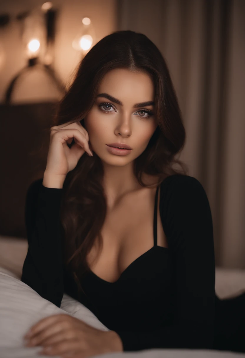 arafed woman with black clothes, sexy girl with brown eyes, portrait sophie mudd, brown hair and large eyes, selfie of a young woman, bedroom eyes, violet myers, without makeup, natural makeup, looking directly at the camera, face with artgram, subtle makeup, stunning full body shot, in bedroom, cleavage