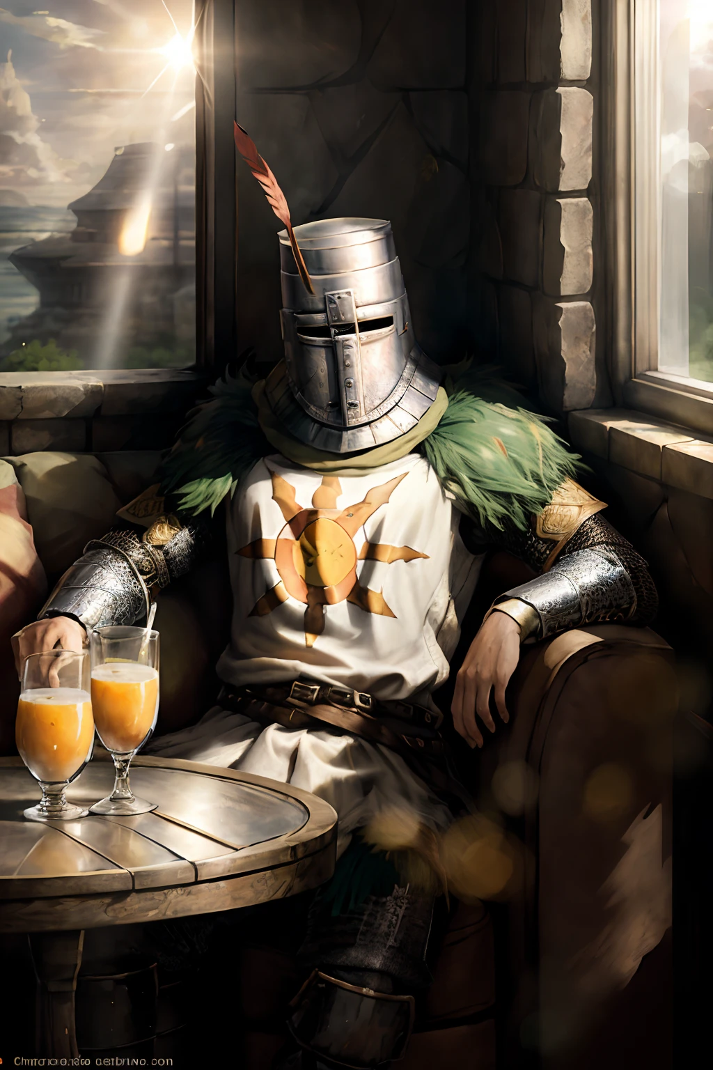 (masterpiece),((Solaire)),A knight relaxed and sitting at a sofa, orange juice on table, window, atmospheric, Sharp focus, Masterpiece, colors, 4k, concept art, Intricate, High Detail, lively atmosphere, sunlight warrior