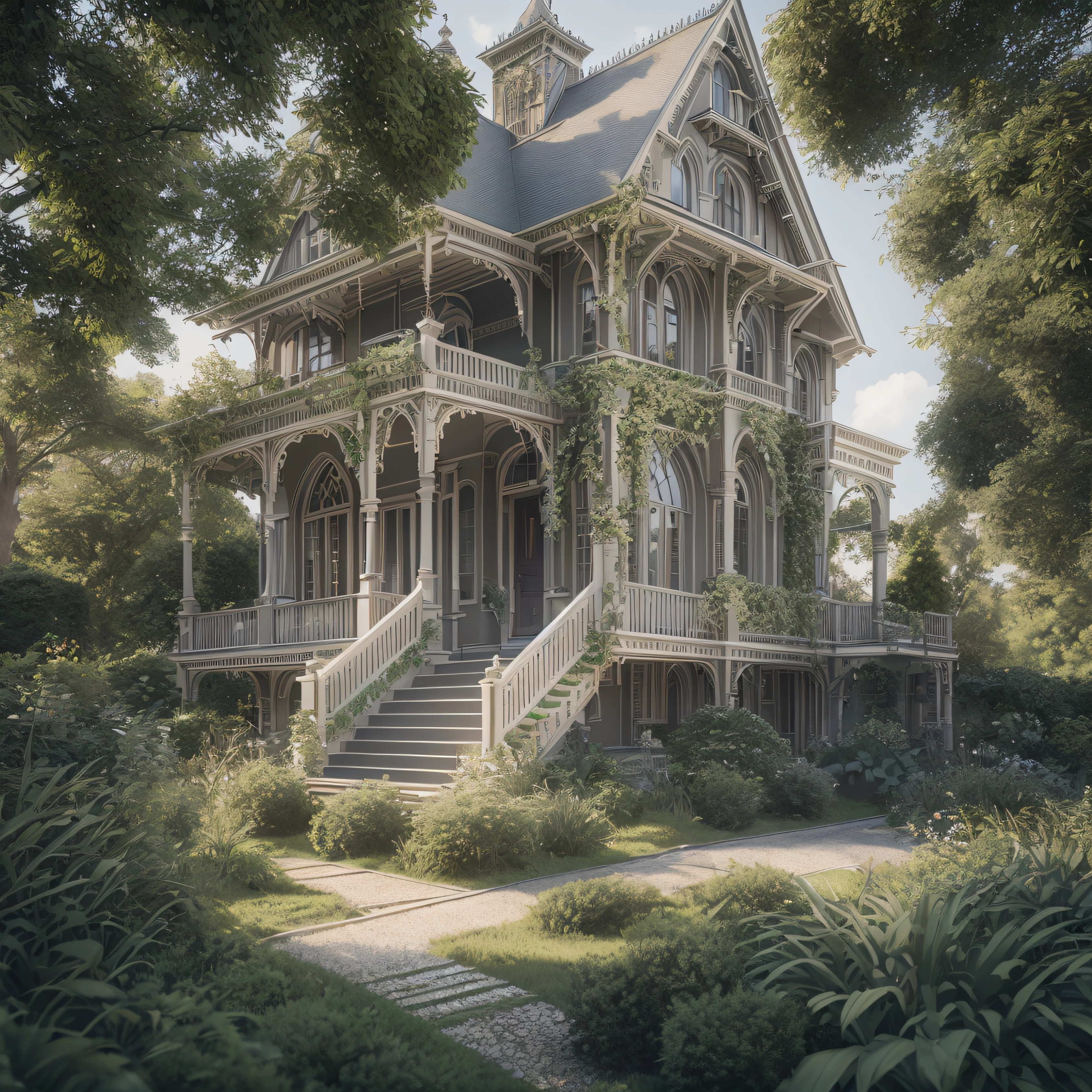 Architecture illustration of Victorian designer house, landscape, bushes, trees, architecture detail, photorealistic, v-ray tracing, ultra detailed, octane render