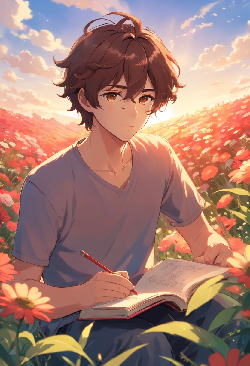 pretty, tall, handsome, curly brown hair, brown eyes, outside in a flower field, reading a book while the sun glimmers down above him, red tint in hair, curly hair, curly brown hair, tall handsome 18 yr old