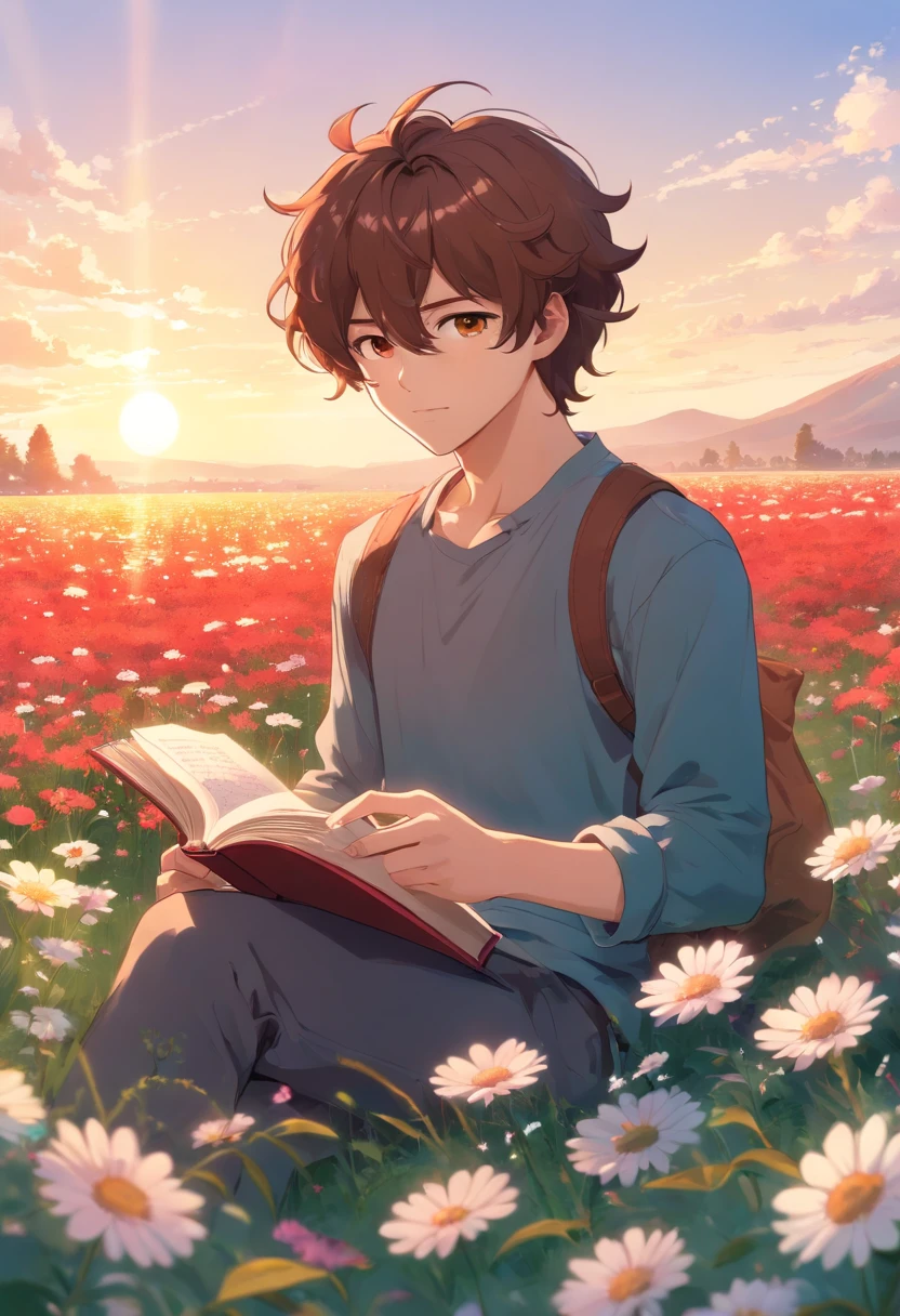 pretty, tall, handsome, curly brown hair, brown eyes, outside in a flower field, reading a book while the sun glimmers down above him, red tint in hair, curly hair, curly brown hair, tall handsome 18 yr old