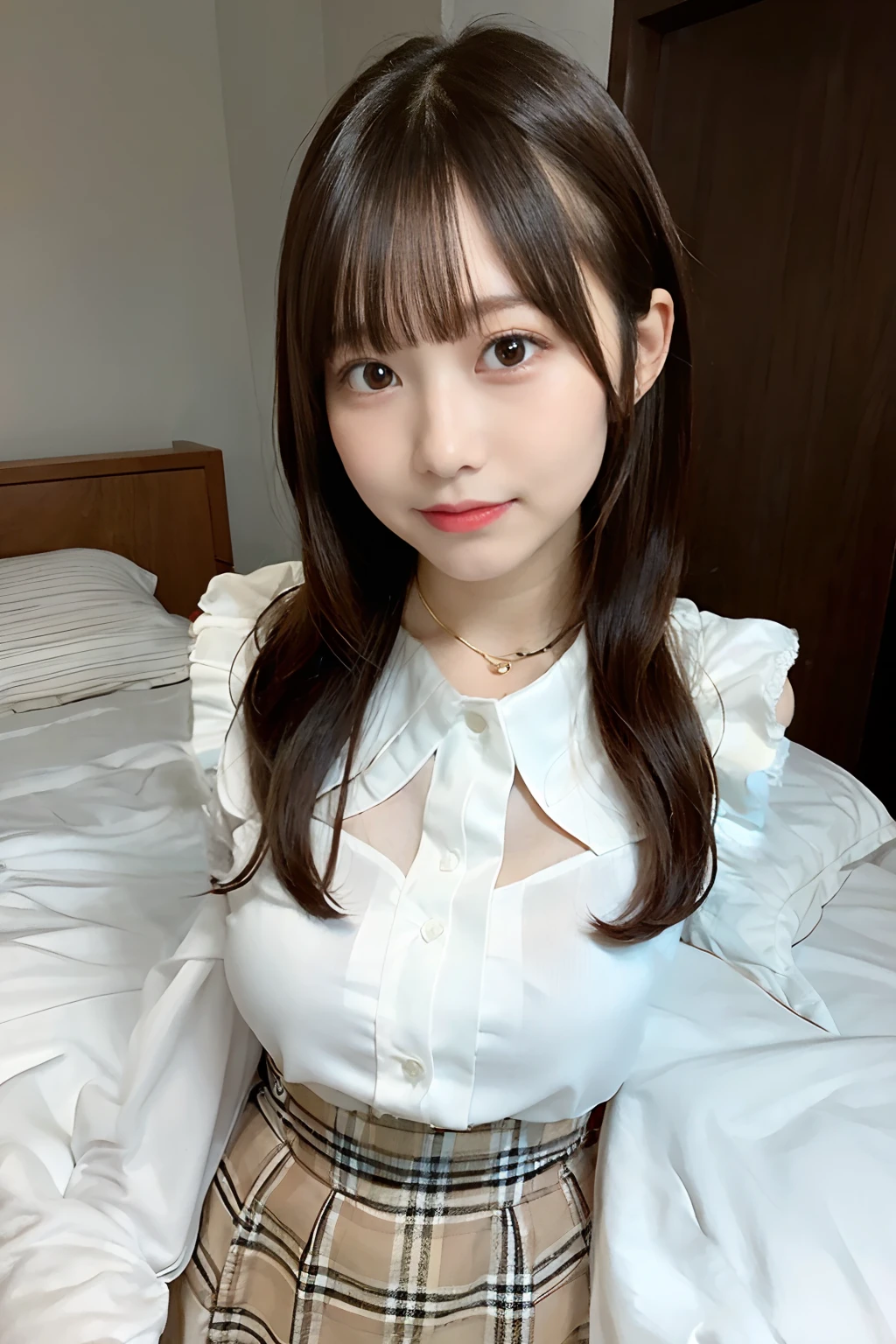 Wearing a white blouse with a long-sleeved collar、Wearing a brown checked miniskirt