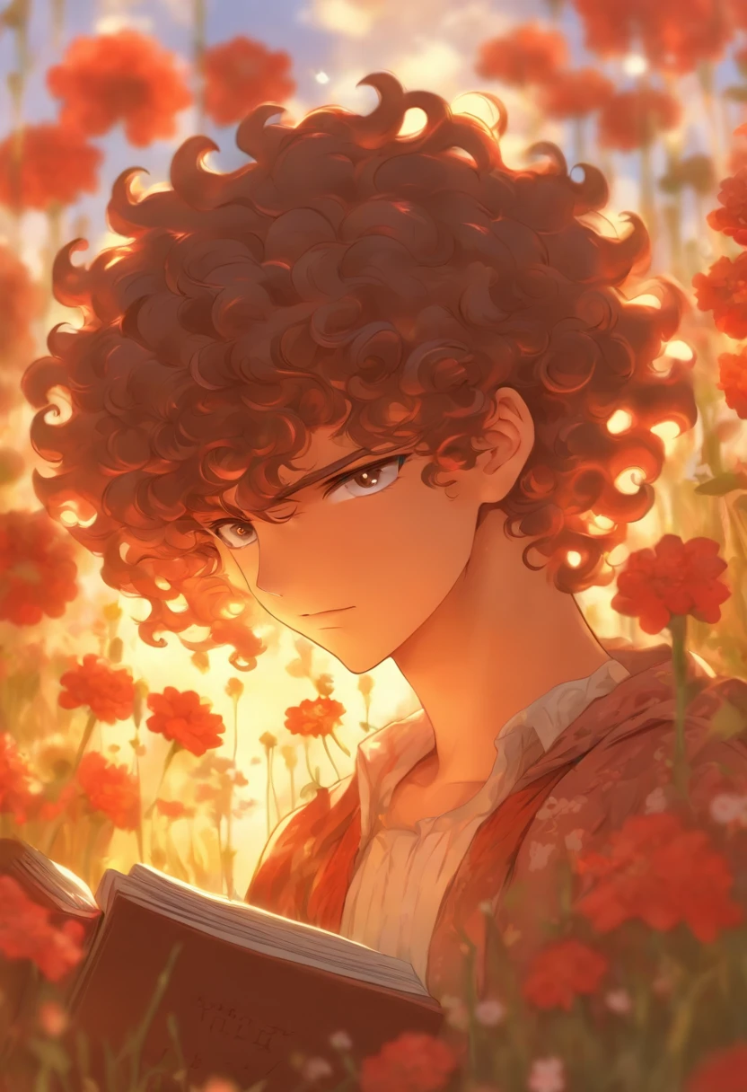 pretty, tall, handsome, curly brown hair, brown eyes, outside in a flower field, reading a book while the sun glimmers down above him, red tint in hair, curly hair, curly brown hair, tall handsome 18 yr old