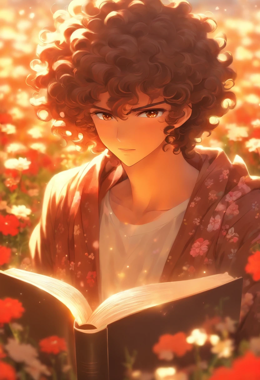 pretty, tall, handsome, curly brown hair, brown eyes, outside in a flower field, reading a book while the sun glimmers down above him, red tint in hair, curly hair, curly brown hair, tall handsome 18 yr old