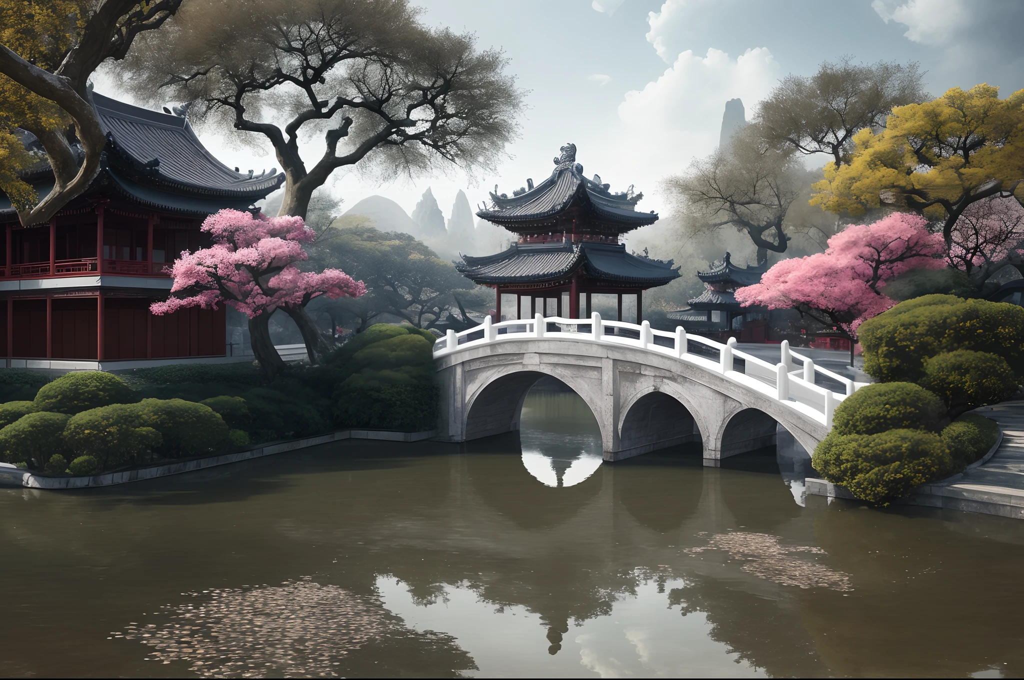 masterpiece, best quality, high quality, extremely detailed CG unity 8k wallpaper, classical chinese garden, scenery, amsterdam, winter,snowing,outdoors, sky, cloud, day, landscape, water, tree, blue sky, waterfall, nature, lake, river, cloudy sky,award winning photography, Bokeh, Depth of Field, HDR, bloom, Chromatic Aberration ,Photorealistic,extremely detailed, trending on artstation, trending on CGsociety, Intricate, High Detail, dramatic, art by midjourney