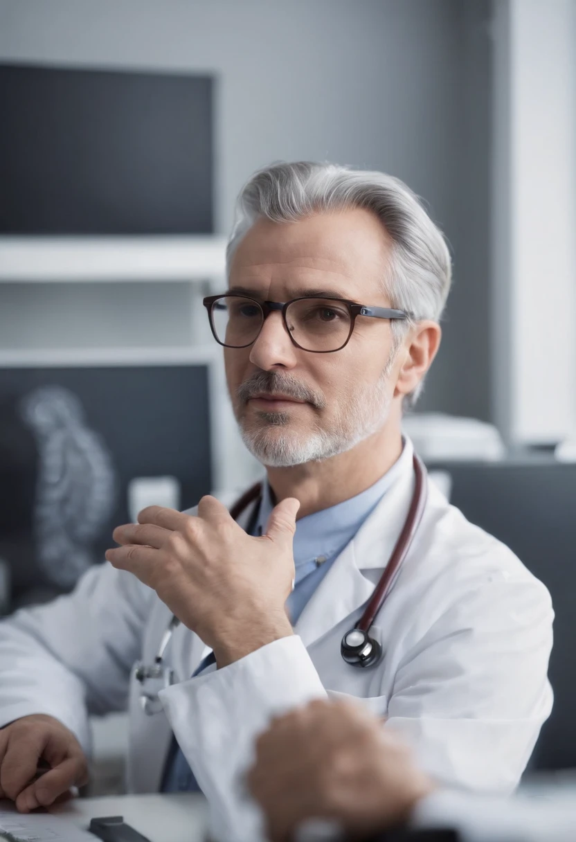 The Experienced Doctor, With his gray hair and glasses, Sits at your desk in your office. The room is full of medical equipment and medical records, while intently studying the computer screen in front of you.