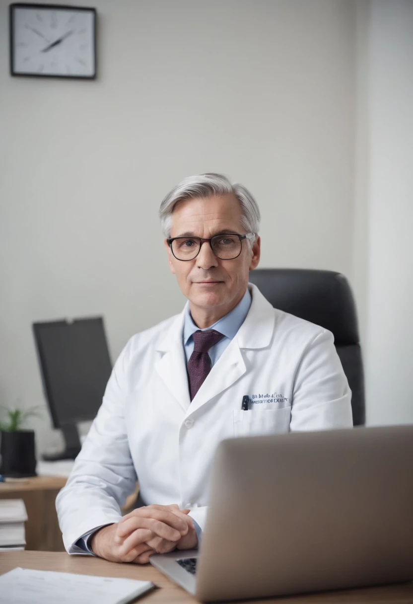 The Experienced Doctor, With his gray hair and glasses, Sits at your desk in your office. The room is full of medical equipment and medical records, while intently studying the computer screen in front of you.