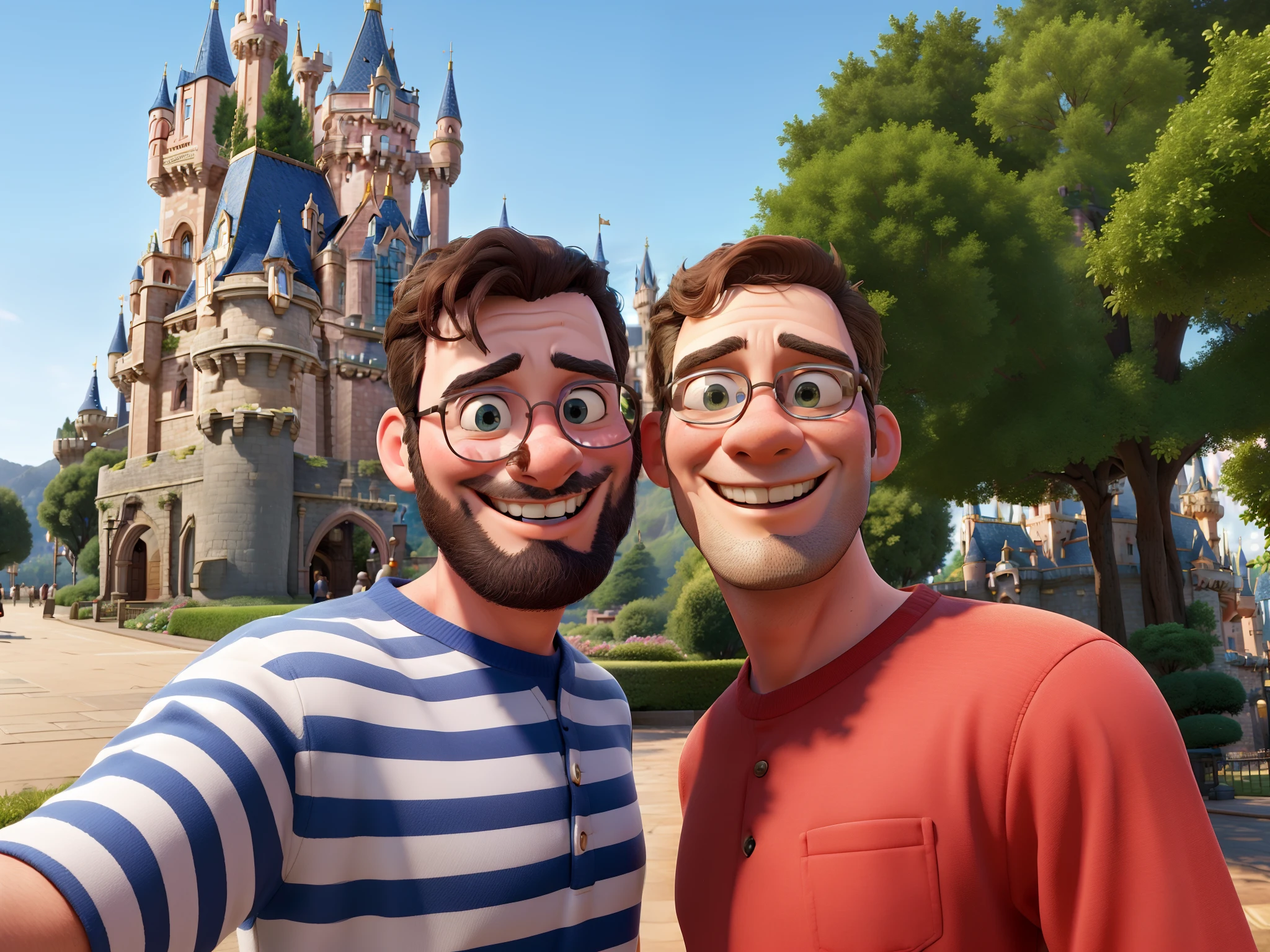 there are two happy and relaxed men standing in front of a castle with a clock tower, with a castle in the background, background is disneyland castle, ( castle in the background ), vacation photo, kilian eng and thomas kinkade, fotografia, castle in the background, having a great time, adam lee and walt disney, in the background, pov photo, castle in background