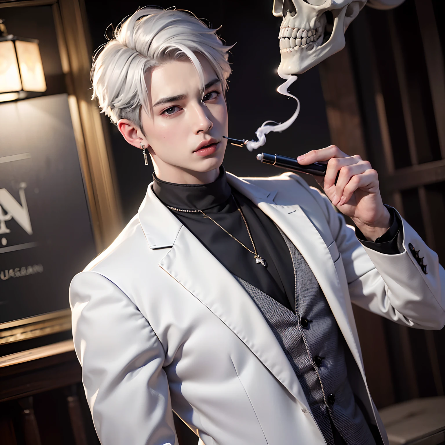 (8k photo, best quality, masterpiece:1.2),(realistic, photo-realistic:1.37) young ,handsome man, Mark Tuan, Got7, white skin, detail face, grey bright eye, white hair, black suit, bad boy, yakuza, tattoo, smoke cigarrate, a lots gangster night town in backdrop, action pose, skull earring, necklage,