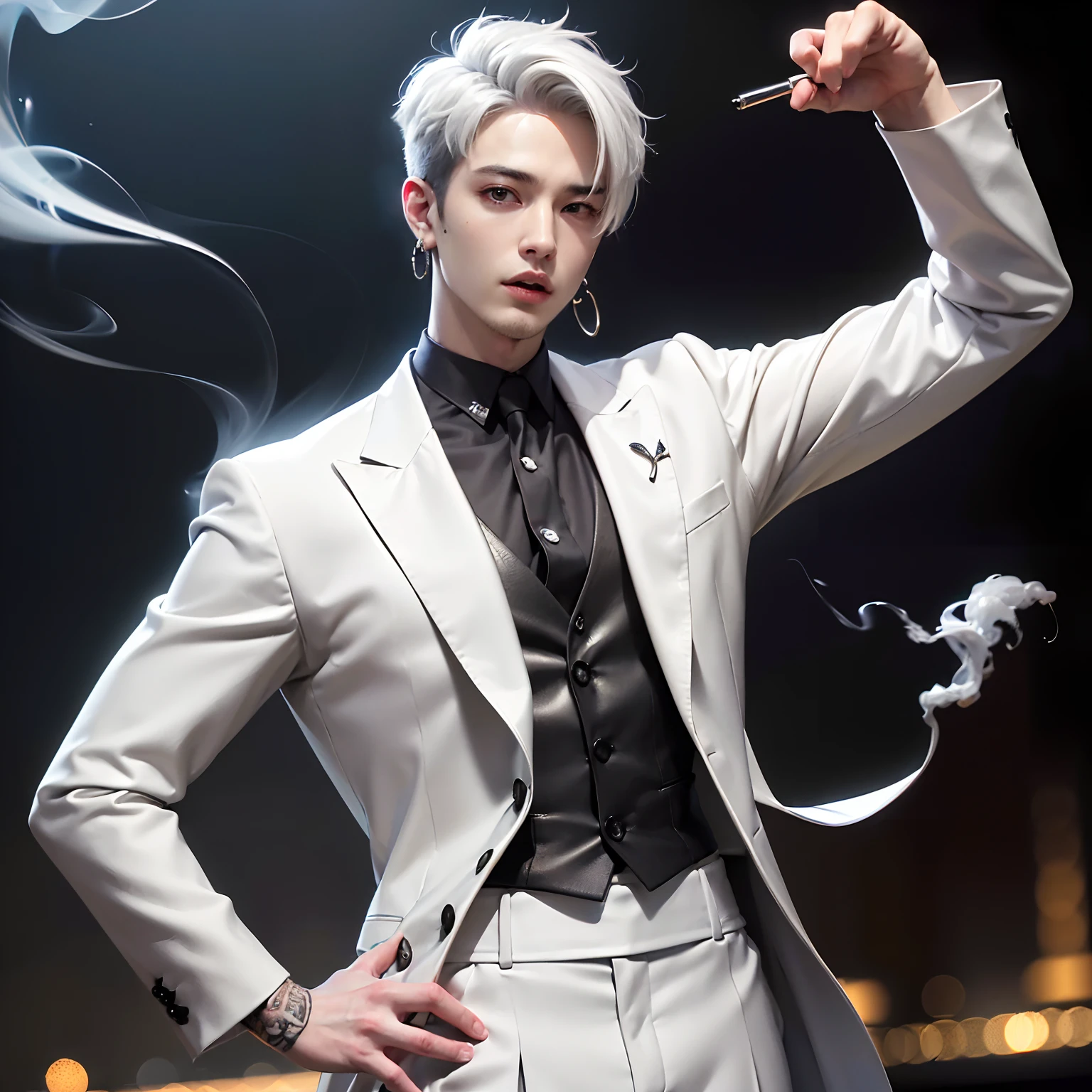 (8k photo, best quality, masterpiece:1.2),(realistic, photo-realistic:1.37) young ,handsome man, Mark Tuan, Got7, white skin, detail face, grey bright eye, white hair, black suit, bad boy, yakuza, tattoo, smoke cigarrate, a lots gangster night town in backdrop, action pose, skull earring, necklage,