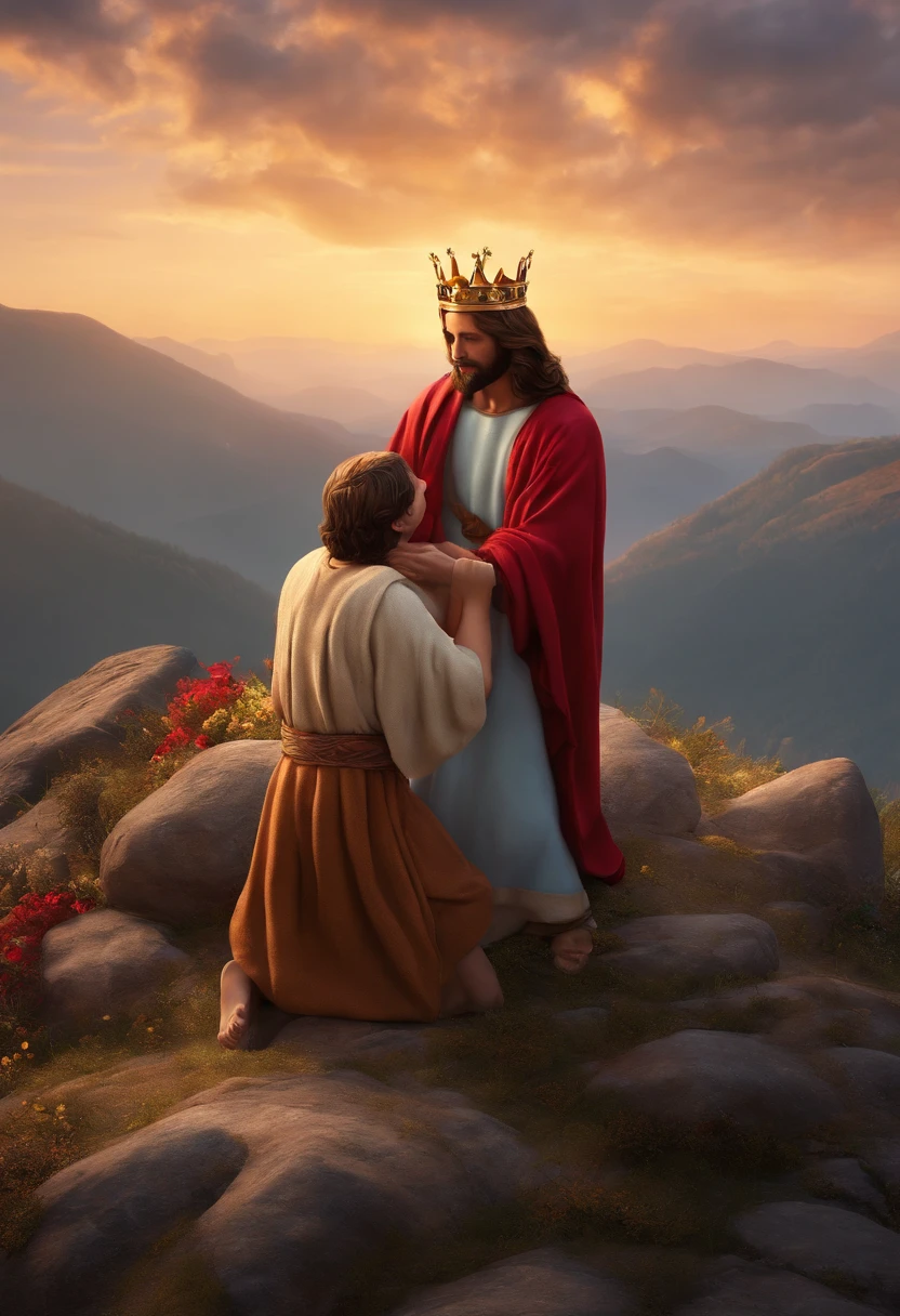 Jesus Christ placing a crown on a boy's head on a mountain, Estilo Pixar, ....3d, desenhos animados, rosto detalhado, asymmetrical 16k