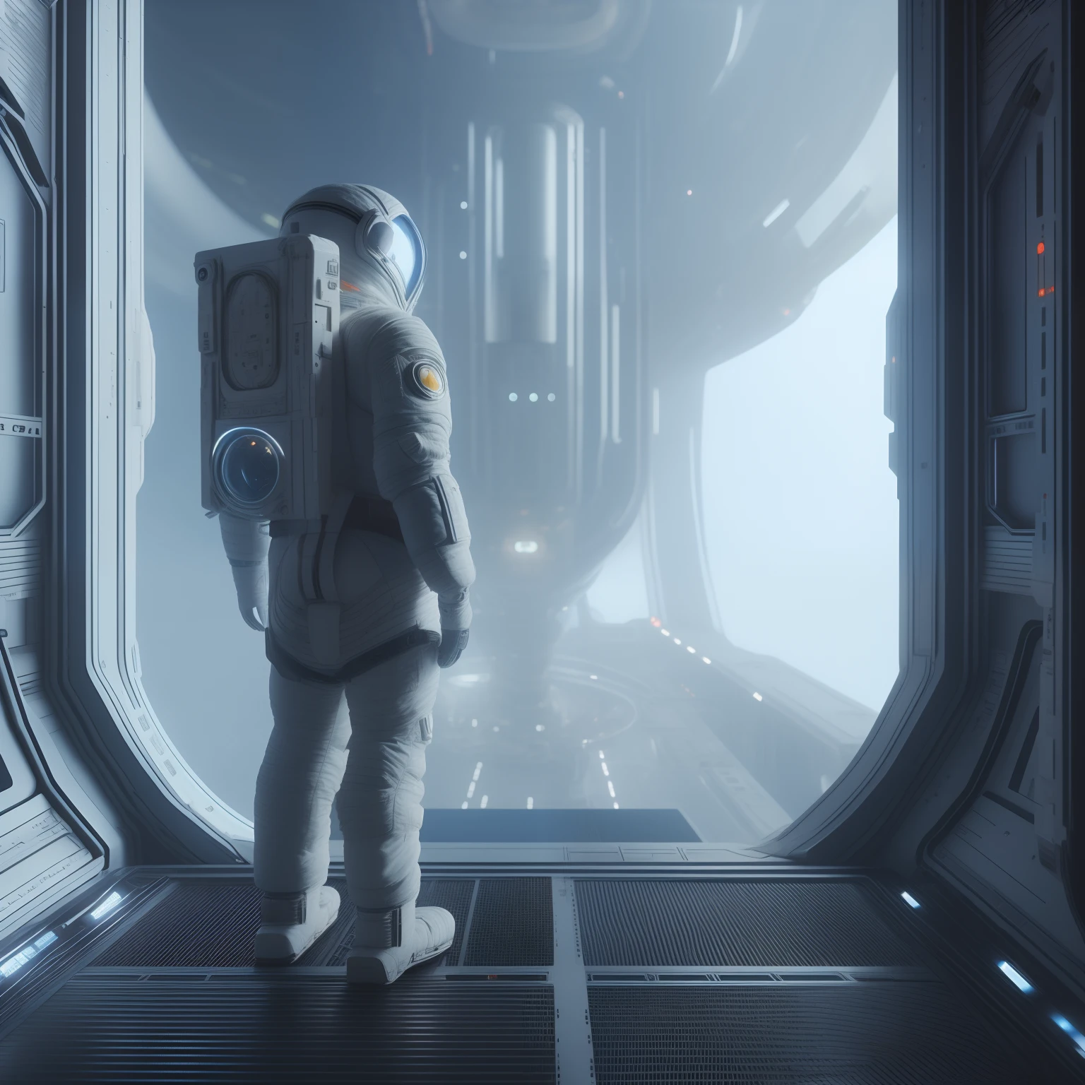 arafed astronaut in a space station with a large space shuttle, sci-fi cinematic movie still, astronaut lost in liminal space, depicted as a scifi scene, spaceman standing looking, astronaut standing looking, octane render sci - fi, dramatic sci-fi movie still, an epic scifi movie still, cinematic scifi shot, space sci - fi, 8k vfx render