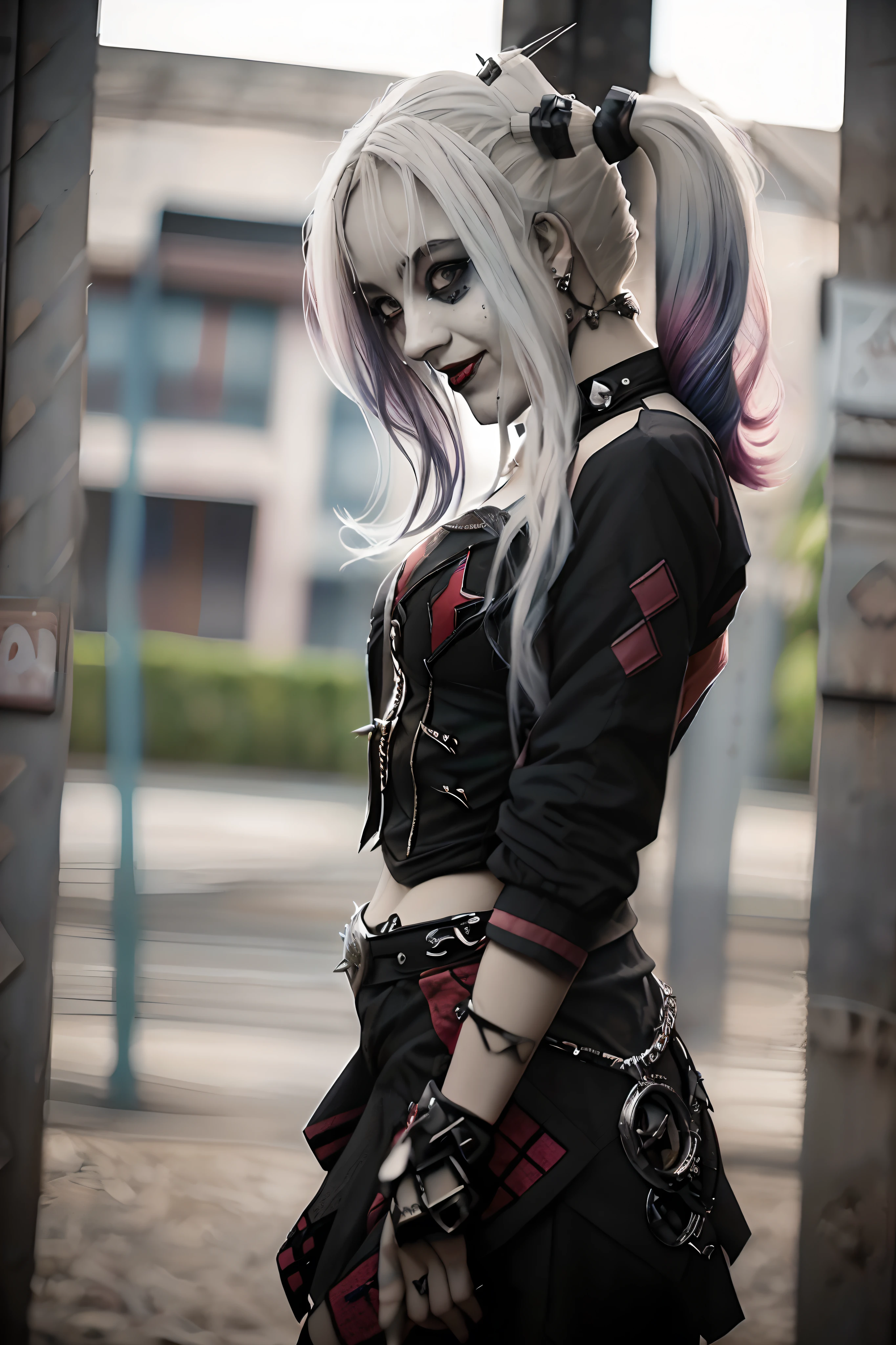 ((Harley Quinn como Garota Punk)), emo,sorriso, tatuagens, (gargalhada), Tosaka、Se mangas moicanas、A tatuagem、🎧、lo gothic_punk, 1girl em, solo, medium shot, ((durante a noite)), bokeh dof, Neon light, olhos iridescentes, starly sky, cabelos loiros com mechas rosa e azul ao estilo Harley Quinn, Sobrancelhas pretas, Cabelos radiantes, brinco, franja, joias, Bluntbangs, Backround desfocado, borrado, adornos de cabelo, pearsing, Olhe para os espectadores, retratos,、lo gothic、(masutepiece), (retrato), (aesthetic), (Beautiful), (loira superior ao estilo Harley Quinn), (alta qualidade), (aesthetic clothing), (Professional angle), (thirds rule), (Feminino), (female), (Beautiful),(feminine features), (18 anos), sozinho, 1 mulher, (Harley Quinn punk encantadora), Invernos, dramatic light, (Standing), Maquiagem preta, batom preto, sombra nos olhos preta;, (face frontal), (Challenging Expression), ((desafio)), (Jaquetas de couro e tatuagens), ((short hair)), (tingido (e.G. e rosas), (cabelos grossos), Cabelos foscos com brilho, (Faixas de cabelo espalhadas no cabelo), (Visual arrojado e arrojado), (pale skin), (Roupas escuras), (camiseta de banda), (ripped jeans), (-), Crew neckline), ((Fundo do beco urbano)), (tiro de perto), beautiful hands, normal hands, two arms, Complete hands, Corpo bonito, Dedos bonitos, dedos normais, cinco dedos, cinco dedos, (Polegar, dedo indicador, dedo anelar), Orelhas bonitas, orelhas normais, Olhos bonitos, olhos brilhantes, Boca bonita, beautiful lips,