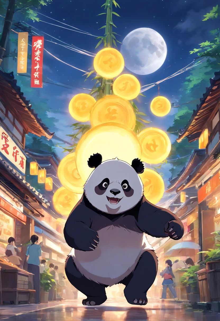 The anime scene where the giant panda is the main character is roaring and showing great power, the background is a full moon。, there are groups of bamboo fighting in various areas，trends on cgstation, beautiful art illustrations, detailed digital art style  Drake, fantasy anime illustrations, Guviz-style artwork, digital illustrations of poster logos, by Yang J, durians in various areas, and silver and gold coins flying throughout the area.  PIXIV Contest Winner, Trending on Artstation Pixiv, 5 Star Brand Product Logos, Bamboo Business,