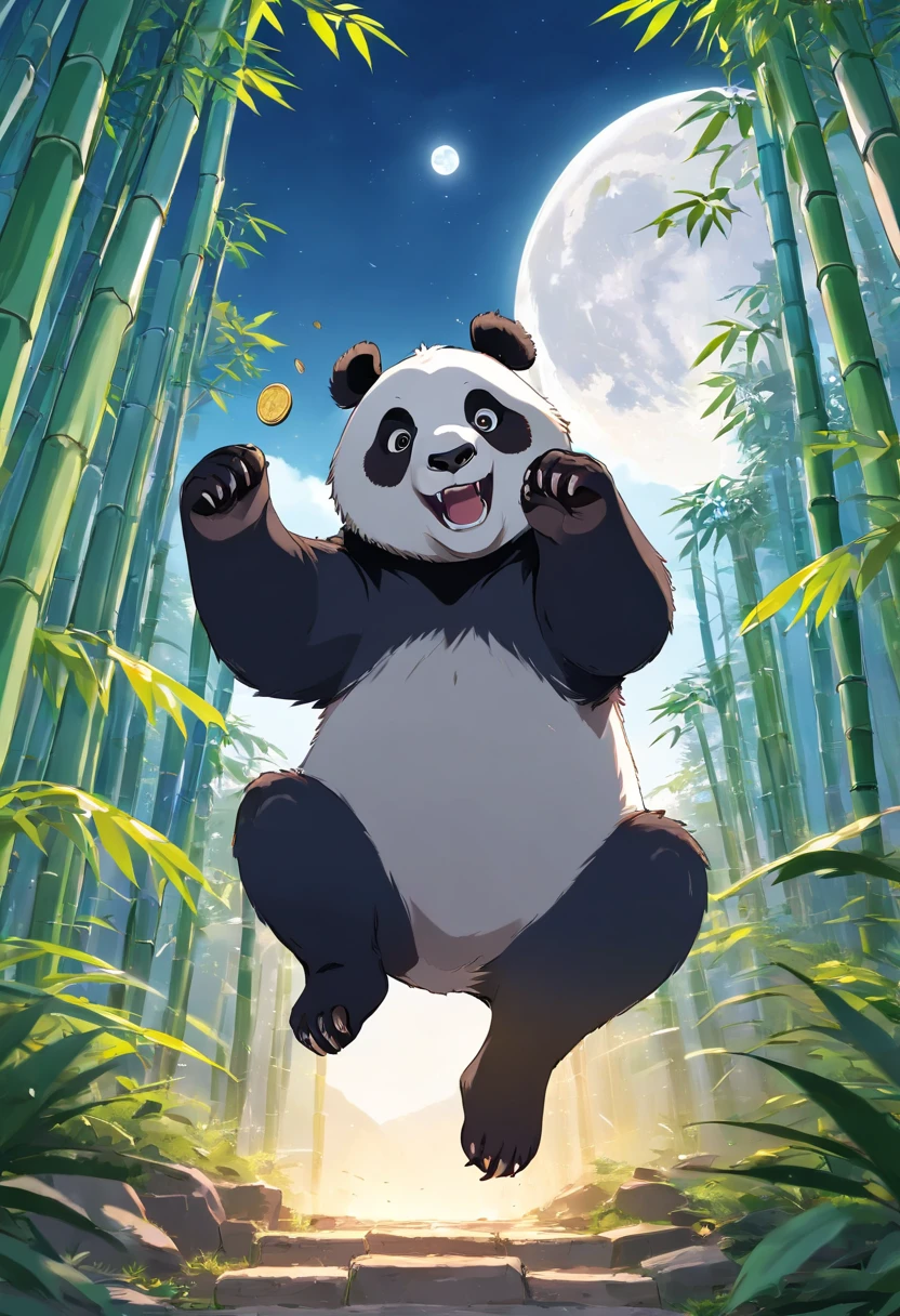 The anime scene where the giant panda is the main character is roaring and showing great power, the background is a full moon。, there are groups of bamboo fighting in various areas,trends on cgstation, beautiful art illustrations, detailed digital art style Drake, fantasy anime illustrations, Guviz-style artwork, digital illustrations of poster logos, by Yang J, durians in various areas, and silver and gold coins flying throughout the area. PIXIV Contest Winner, Trending on Artstation Pixiv, 5 Star Brand Product Logos, Bamboo Business,