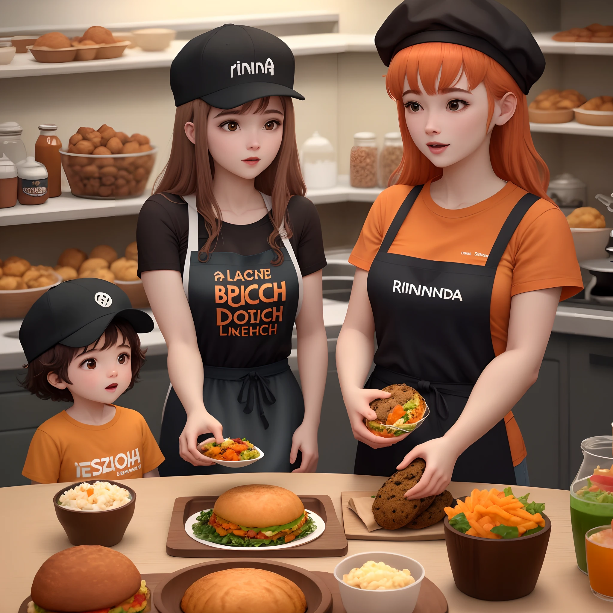 Crie uma imagem de uma trailer de lanches moderno, laranja, com o nome "O Bolinho", com duas mesas e cadeiras de madeira, e ombrelones bege, com pessoas sentadas comendo, rindo, e sendo atendidas no caixa, by an employee in an orange t-shirt, Black cap and apron.