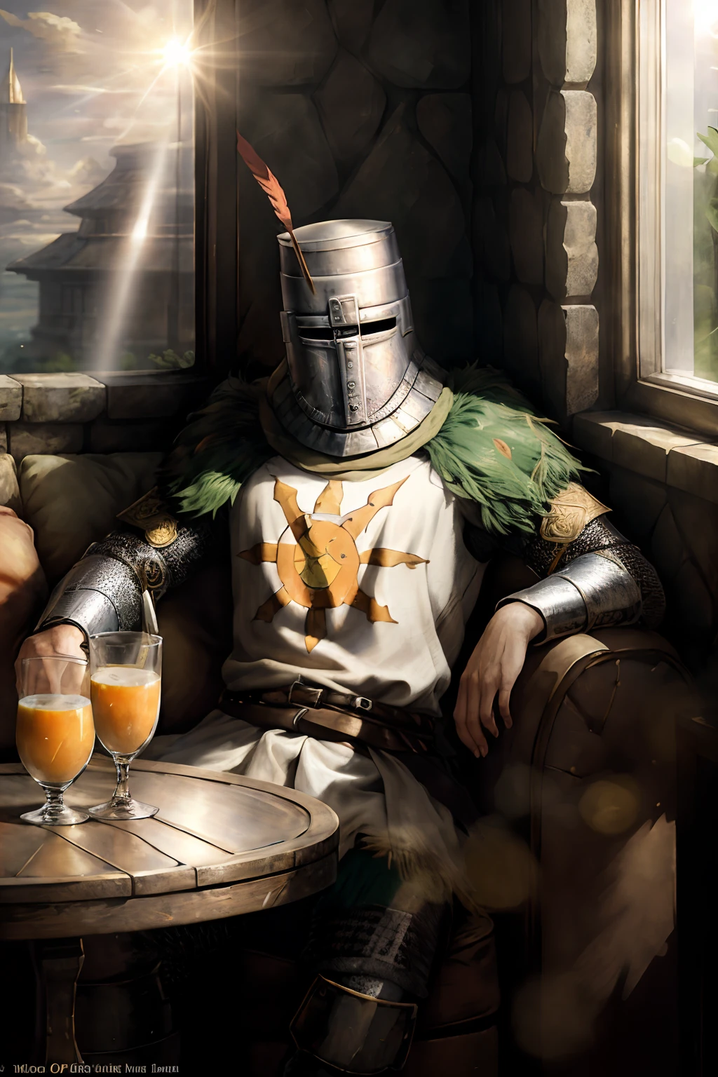 (masterpiece),((Solaire)),A knight relaxed and sitting at a sofa, orange juice on table, window, atmospheric, Sharp focus, Masterpiece, colors, 4k, concept art, Intricate, High Detail, lively atmosphere, sunlight warrior, brighter shadows, less shadows