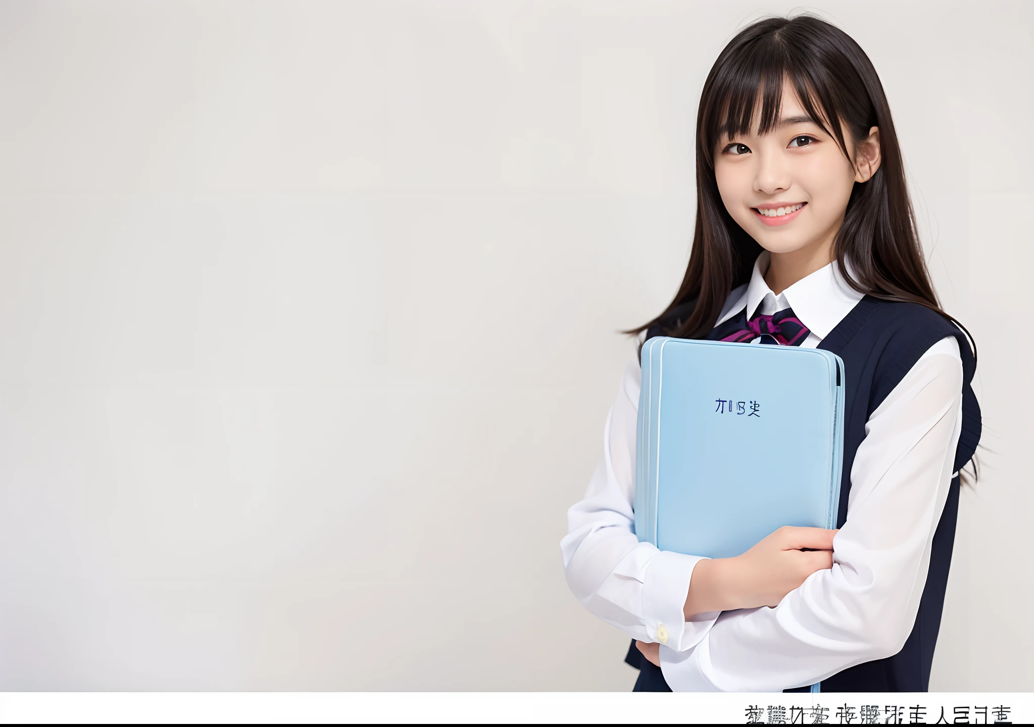 ((The face of Japan's cutest idol,A big smile staring at the camera,Biggest smile,Most beautiful face,softlight,Smiling face at the camera,Mother and daughter,The biggest smile staring at the camera,Big smile,Exact body,Accurate face)),(length hair,Wavy Hair, large full breasts,Emphasis on the chest,Breast bulge,Colossal tits),(8K、hightquality、best qualtiy,tmasterpiece,hight resolution,At 8K,Ulutra HD,softlighting,hightquality, hight resolution)Close-up portrait of young asian woman holding a folder, portrait of high school girl, teenage female schoolgirl, wearing japanese school uniform, White background : 3, japanese girl school uniform, portrait of a japanese teen, of a schoolgirl posing, zora々Shishi Japan of Girls, Wearing a school uniform, Japan school uniform, Wearing school uniform, girl wearing school uniform