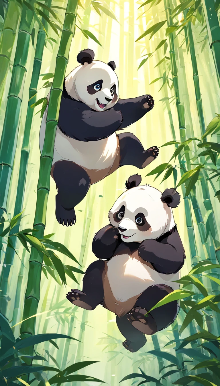 Many playful pandas,joyful expressions,bamboo forest,fuzzy fur,bright green leaves,climbing trees,rolling and tumbling,excited jumps,panda cubs wrestling,fluffy and round,white and black patterns,round black eyes,curious and active,lovely and energetic,panda playground,climbing structures,giggles and laughter,playful interaction,playfighting,panda family gathering,mother and cub bonding,stumble and fall,bamboo munching,peaceful coexistence,belly flops and somersaults,mischievous antics,group playtime,cheerful atmosphere,playful appeal,abundant energy,adorable and hilarious,forever young,panda paradise,action-filled moments,delightful entertainment,boundless enthusiasm,harmonious and entertaining,optimistic and lively,pandamonium of joy.