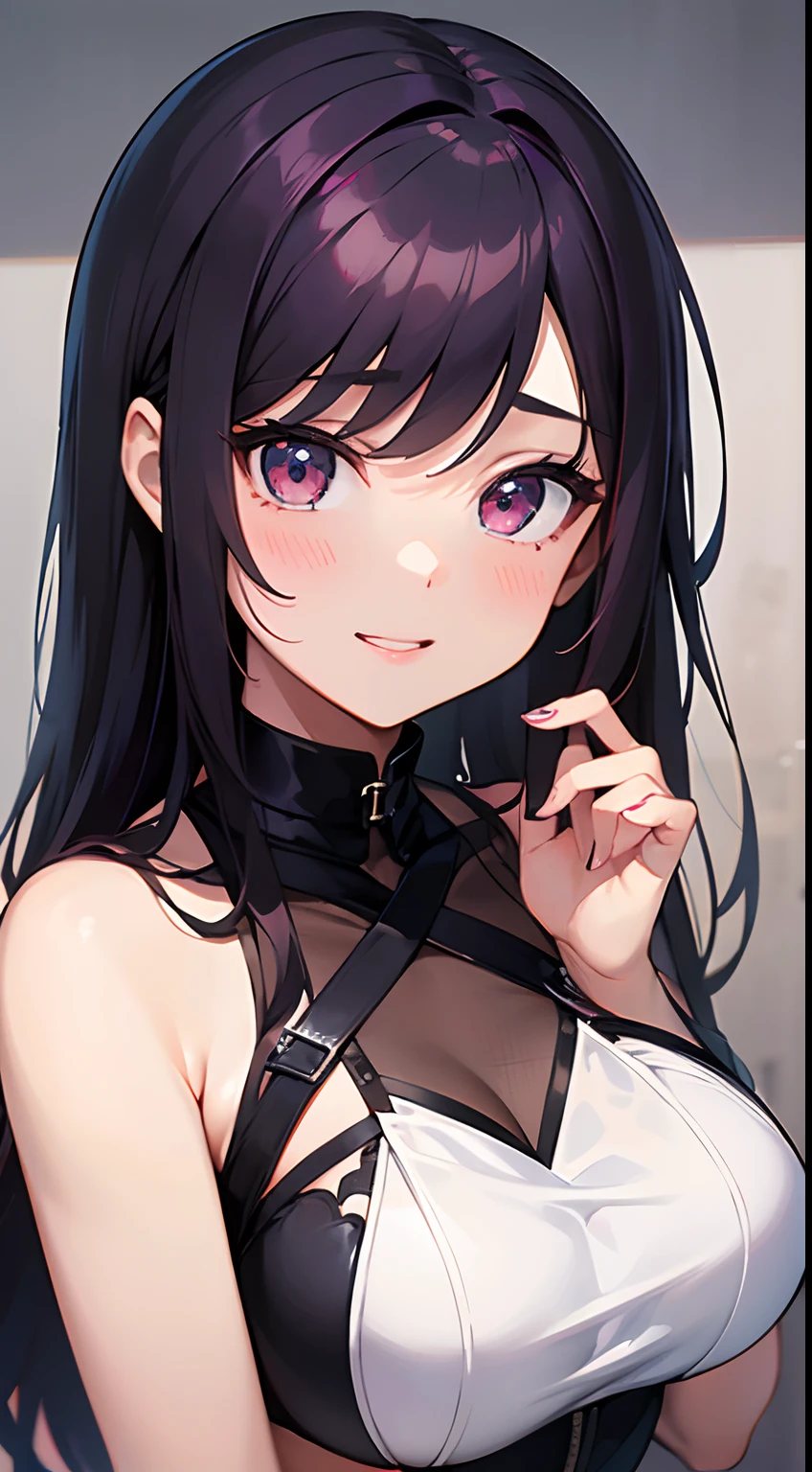 1girl,Baiyi,senos grandes,labios rojos,They are smiling,Cola de caballo,realista,ojos morados,cabello morado