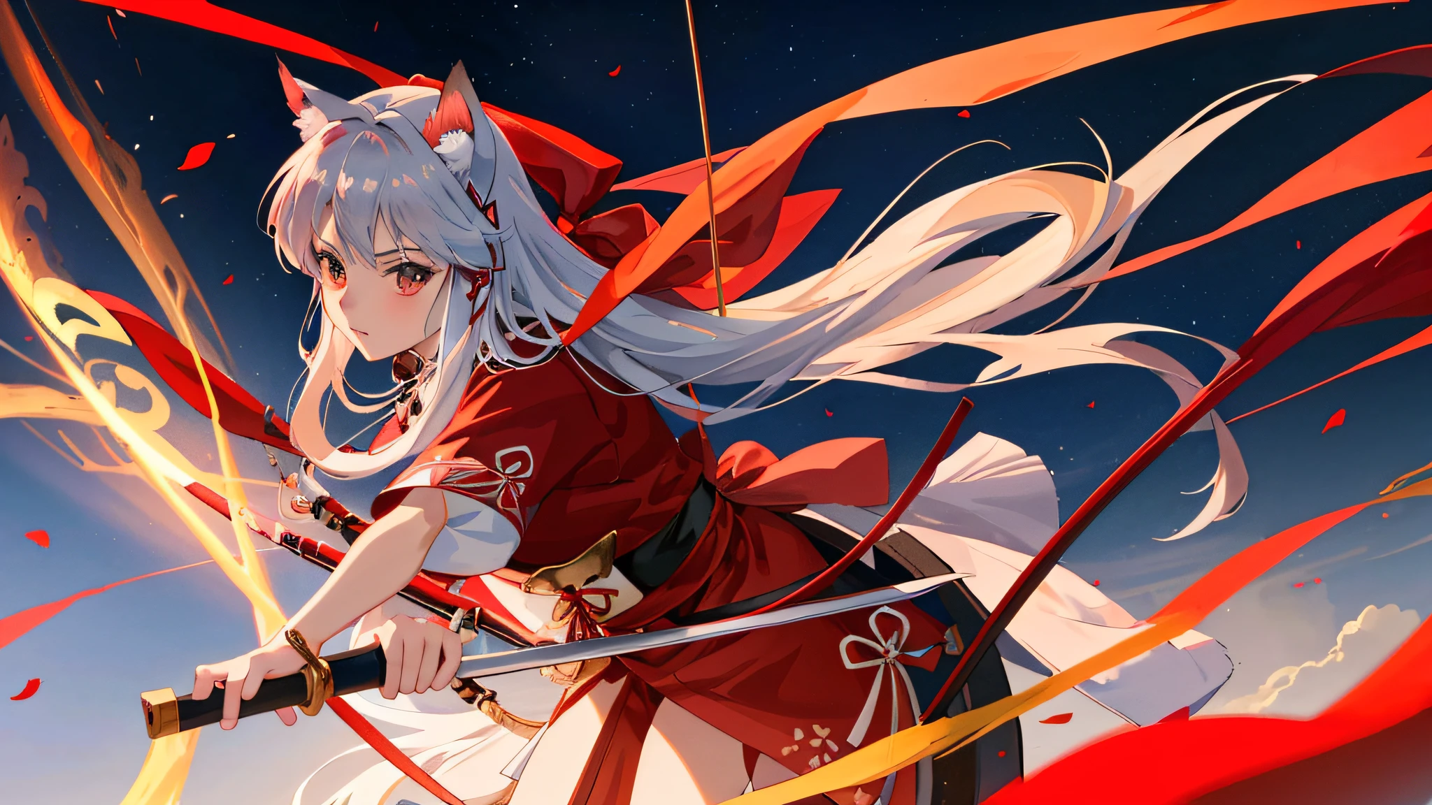 Anime girl flying in the air with a sword and a red dress, style of anime4 K, fox nobushi holding a naginata, Anime art wallpaper 8 K, 4k manga wallpapers, Anime art wallpaper 4k, Anime art wallpaper 4 K, Badass anime 8 K, anime girl with a bow and arrow, 4K anime wallpaper, Anime wallpaper 4 k