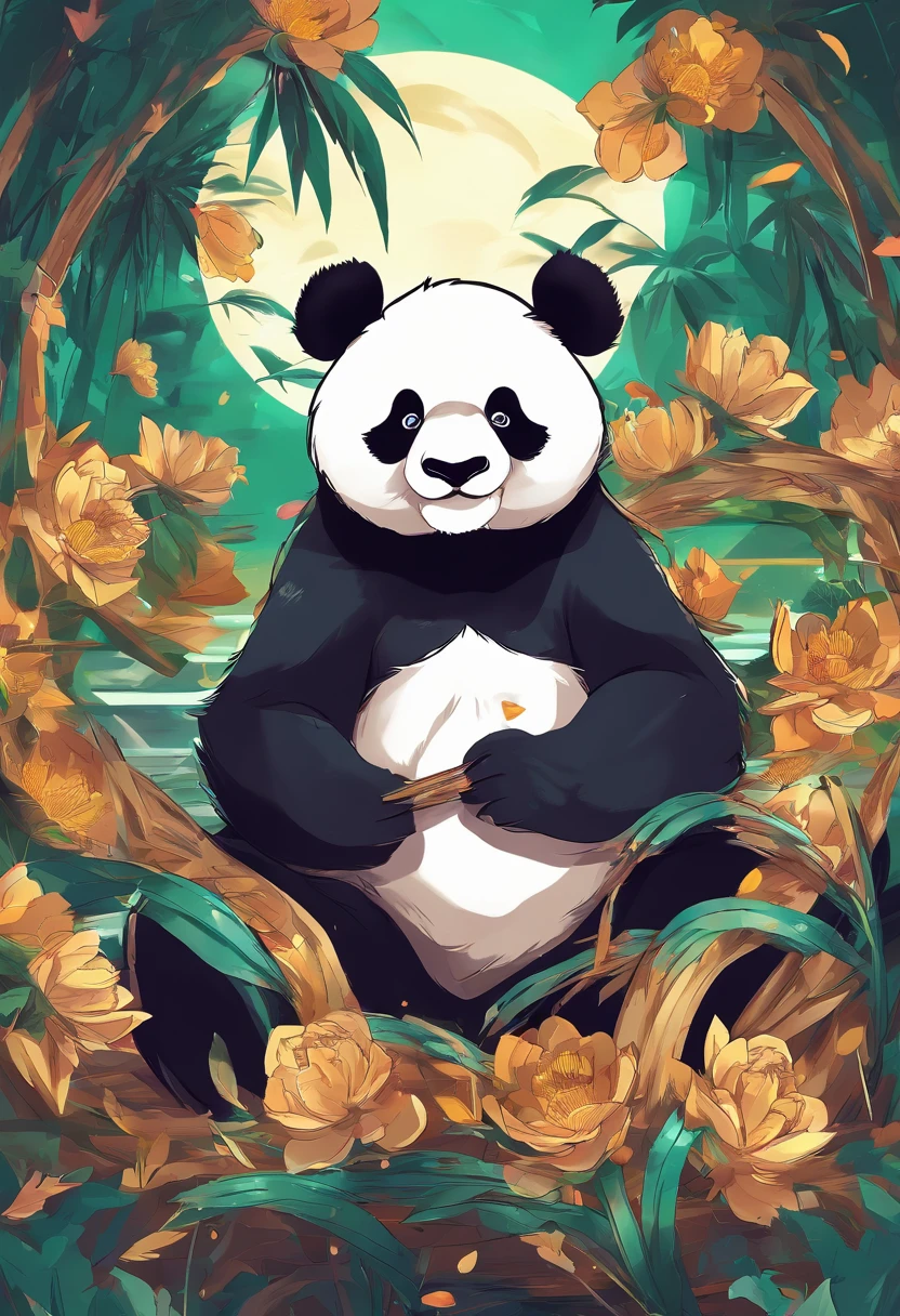 The anime scene where the giant panda is the main character is roaring and showing great power, the background is a full moon。, there are groups of bamboo fighting in various areas，trends on cgstation, beautiful art illustrations, detailed digital art style  Drake, fantasy anime illustrations, Guviz-style artwork, digital illustrations of poster logos, by Yang J, durians in various areas, and silver and gold coins flying throughout the area.  PIXIV Contest Winner, Trending on Artstation Pixiv, 5 Star Brand Product Logos, Bamboo Business,