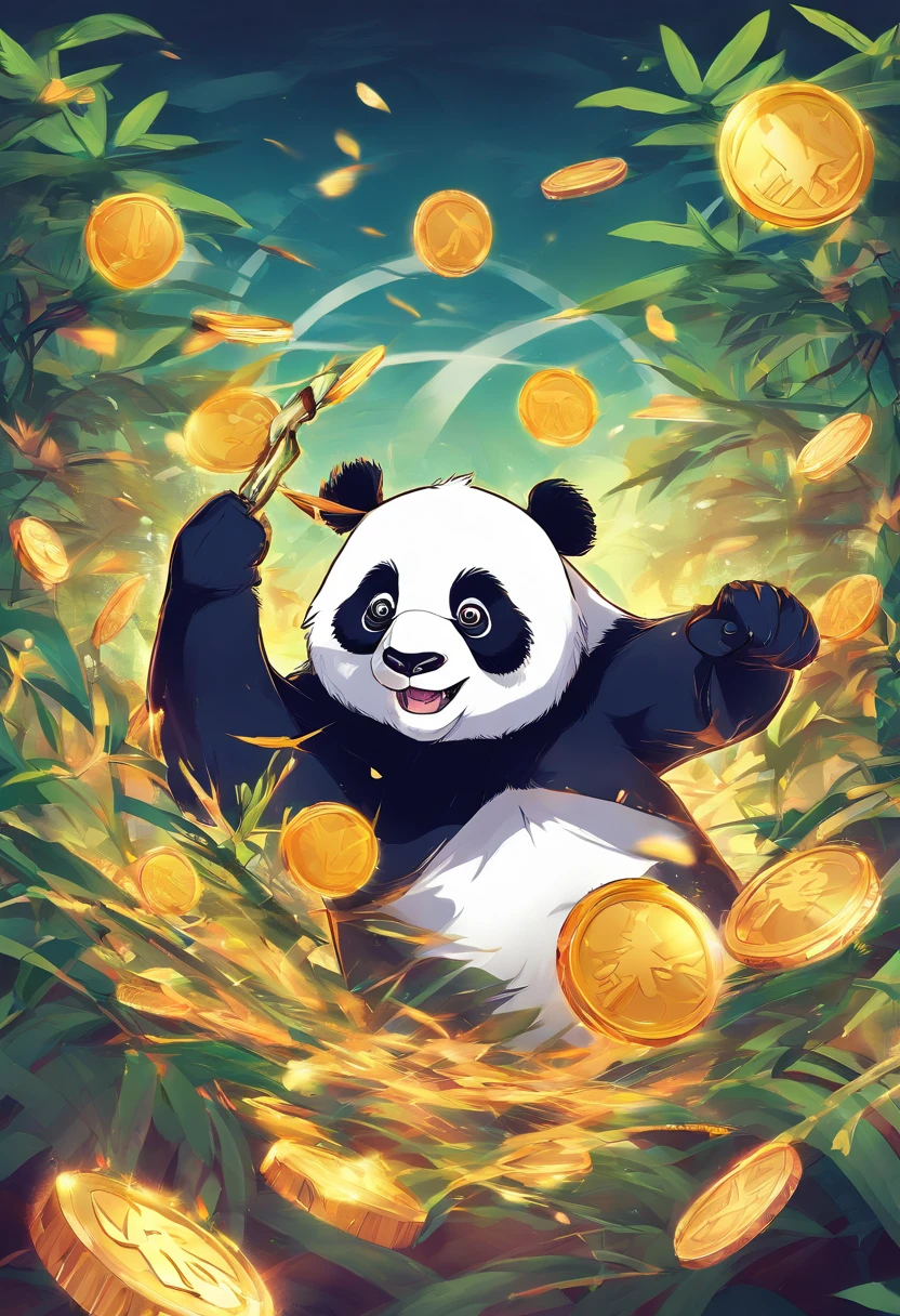 The anime scene where the giant panda is the main character is roaring and showing great power, the background is a full moon。, there are groups of bamboo fighting in various areas，trends on cgstation, beautiful art illustrations, detailed digital art style  Drake, fantasy anime illustrations, Guviz-style artwork, digital illustrations of poster logos, by Yang J, durians in various areas, and silver and gold coins flying throughout the area.  PIXIV Contest Winner, Trending on Artstation Pixiv, 5 Star Brand Product Logos, Bamboo Business,
