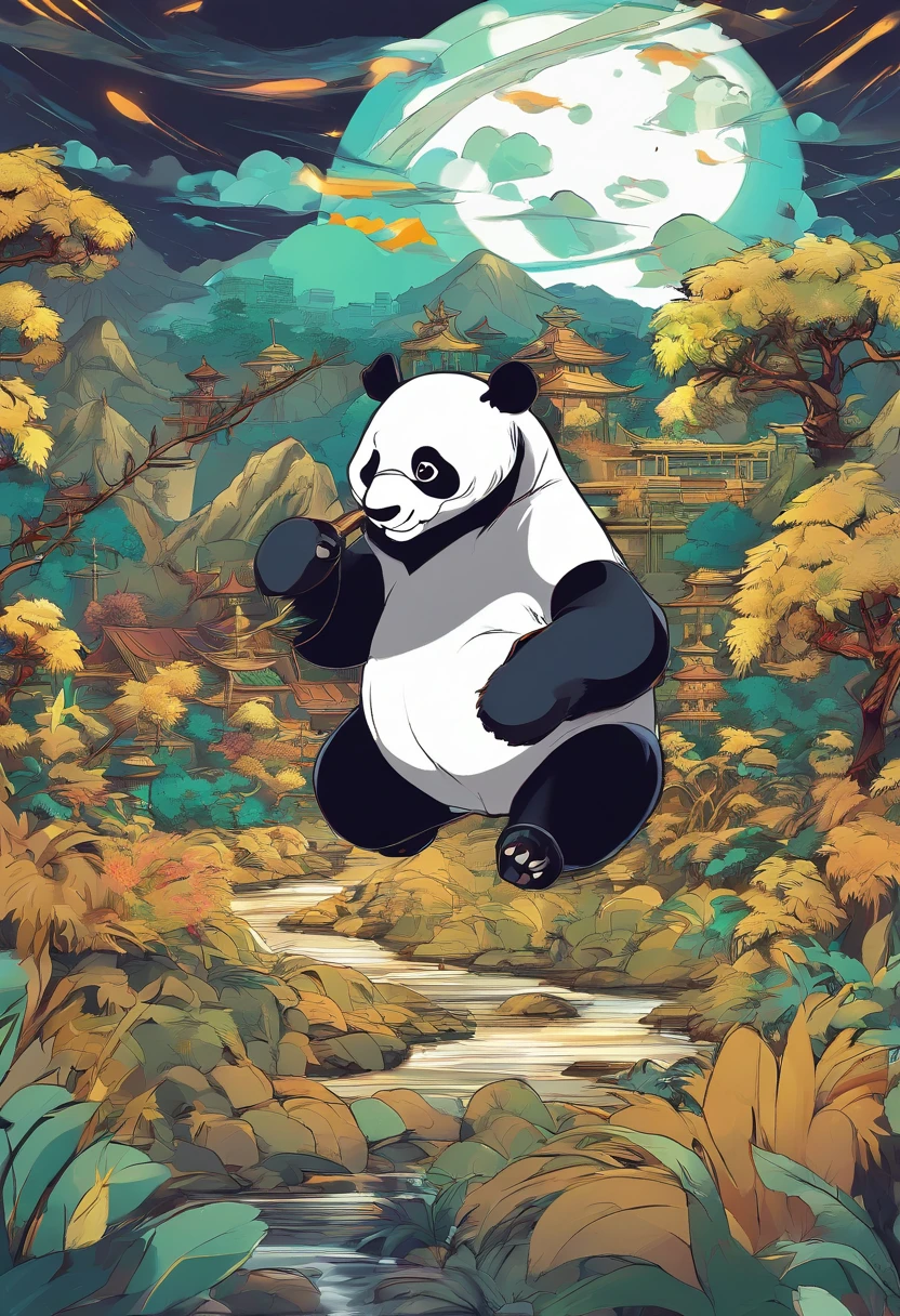 The anime scene where the giant panda is the main character is roaring and showing great power, the background is a full moon。, there are groups of bamboo fighting in various areas，trends on cgstation, beautiful art illustrations, detailed digital art style  Drake, fantasy anime illustrations, Guviz-style artwork, digital illustrations of poster logos, by Yang J, durians in various areas, and silver and gold coins flying throughout the area.  PIXIV Contest Winner, Trending on Artstation Pixiv, 5 Star Brand Product Logos, Bamboo Business,