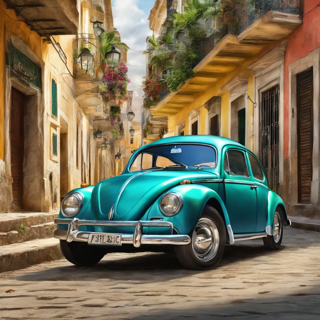 vista externa, um tiro largo, um tiro largo e cheio, vista frontal, Vista exterior, Tiroteio interessante, do lado de fora de uma casa, visto de fora, Medium Wide Shot, Front view, Adobe Illustrator, imagem vetorial de um carro verde claro, modelo Volkswagen fusca 1950, Car proportional to the area , carro no centro da imagem sem cortes, em frente a uma praia no Caribe, com palmeiras, Old buildings of Havana, ::n_baixa qualidade, boneco, anime, imperfeito, Texto, assinatura.