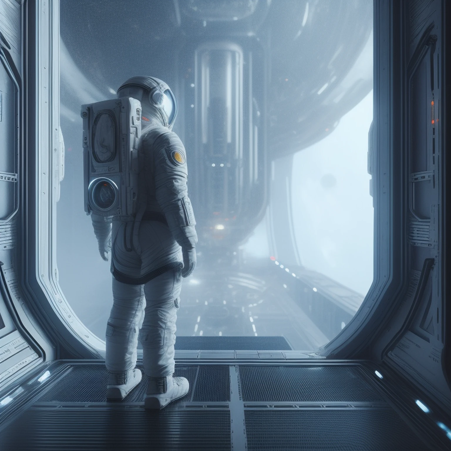 arafed astronaut in a space station with a large space shuttle, sci-fi cinematic movie still, astronaut lost in liminal space, depicted as a scifi scene, spaceman standing looking, astronaut standing looking, octane render sci - fi, dramatic sci-fi movie still, an epic scifi movie still, cinematic scifi shot, space sci - fi, 8k vfx render
