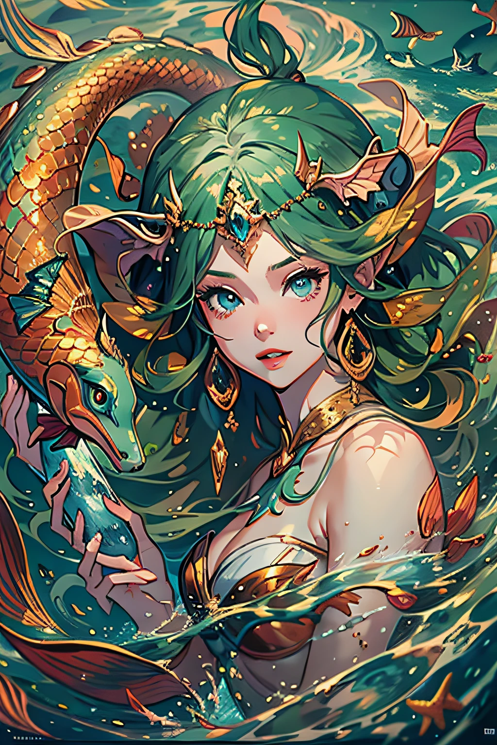 Mysterious mermaid, 8K, hentail realism, Map Studio, tmasterpiece, best qualityer, offcial art, illustratio, 清晰的线条, (fresco_colours), Perfect synthesis, absurderes, fanciful, concentrating"