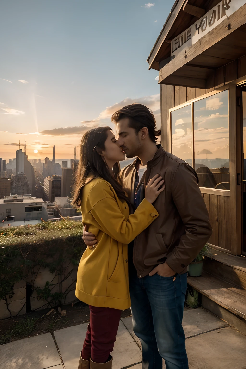 extremadamente detallado, Calidad de obra maestra, estilo impresionista, Vivid and vibrant sunset, Pareja joven en Nueva York, Profundidad de campo suave, majestuoso edificio al fondo, Warm and rich colors, Tactile and expressive textures, (La mejor calidad, 8k, 32K, Obra maestra, UHD: 1.3),