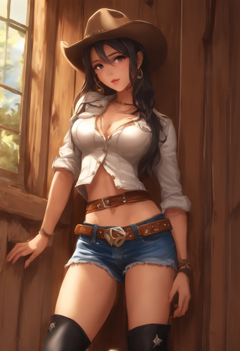 17 year old anime woman slim complexion and hot perfect body in cowboy miniskirt, no sports bra, 50% thong torn around , bent over, ((leaning against the wall with her torso forward, tits hanging, ass up, thighs open and legs open)), intricate details