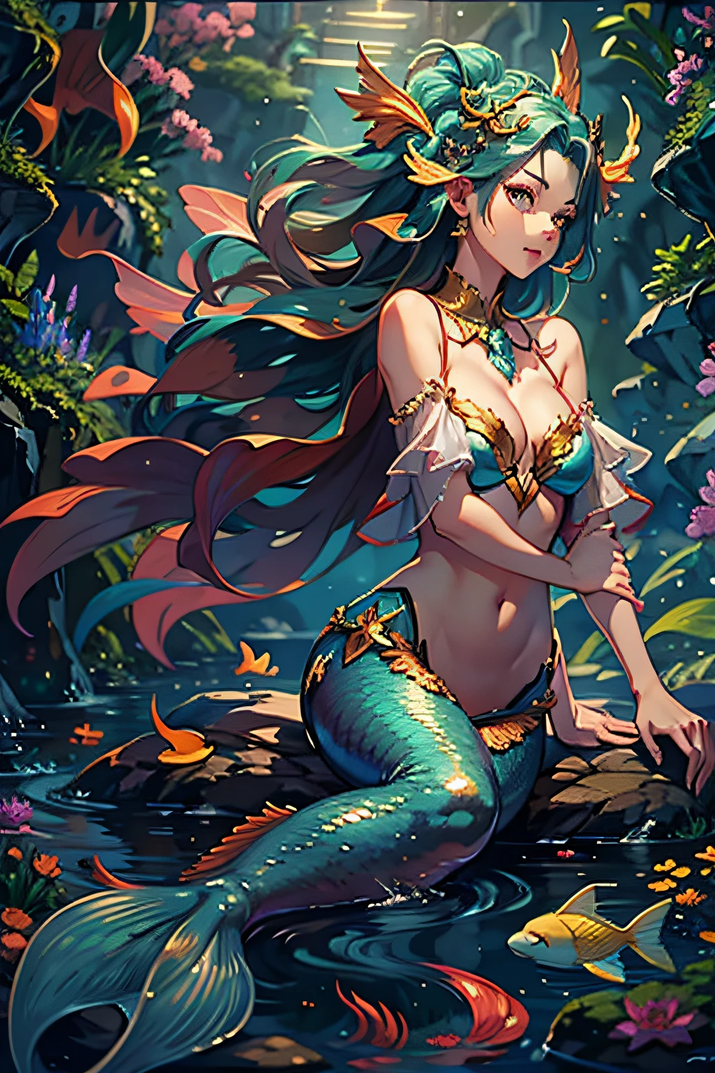 Mysterious mermaid, 8K, hentail realism, Map Studio, tmasterpiece, best qualityer, offcial art, illustratio, 清晰的线条, (fresco_colours), Perfect synthesis, absurderes, fanciful, concentrating"