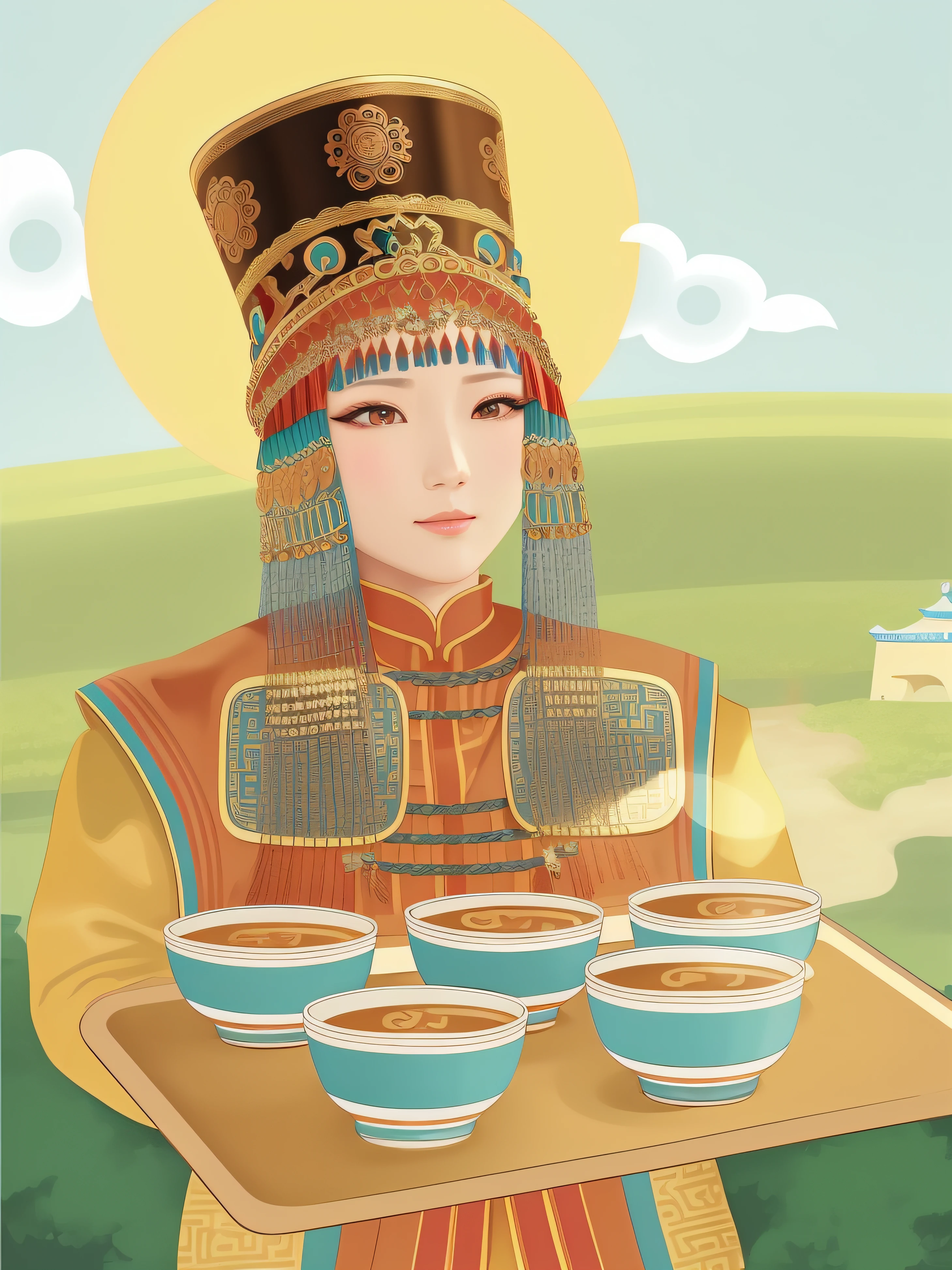 There was a woman holding a tray,Inside is a coffee cup, kazakh empress, a young woman as genghis khan, she is dressed in shaman clothes, A beautiful artwork illustration, ancient libu princess, a young female shaman, Drinking tea, a beautiful fantasy empress, chinese empress, Chinese woman, in style of digital illustration, full-colour illustration