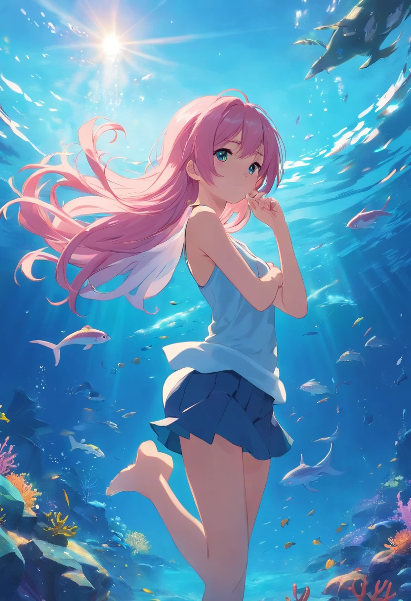 ((((ultra illustrated style:1.0)))),best quality,best animated,masterpiece,ray tracing, global illumination,Deep Sea Girl,1girl,solo,pink hair,wariza,mermaid