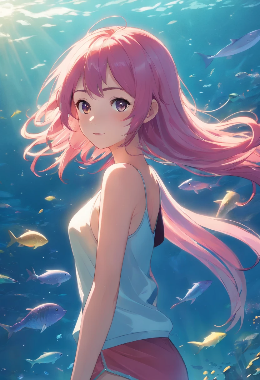 ((((ultra illustrated style:1.0)))),best quality,best animated,masterpiece,ray tracing, global illumination,Deep Sea Girl,1girl,solo,pink hair,wariza,mermaid