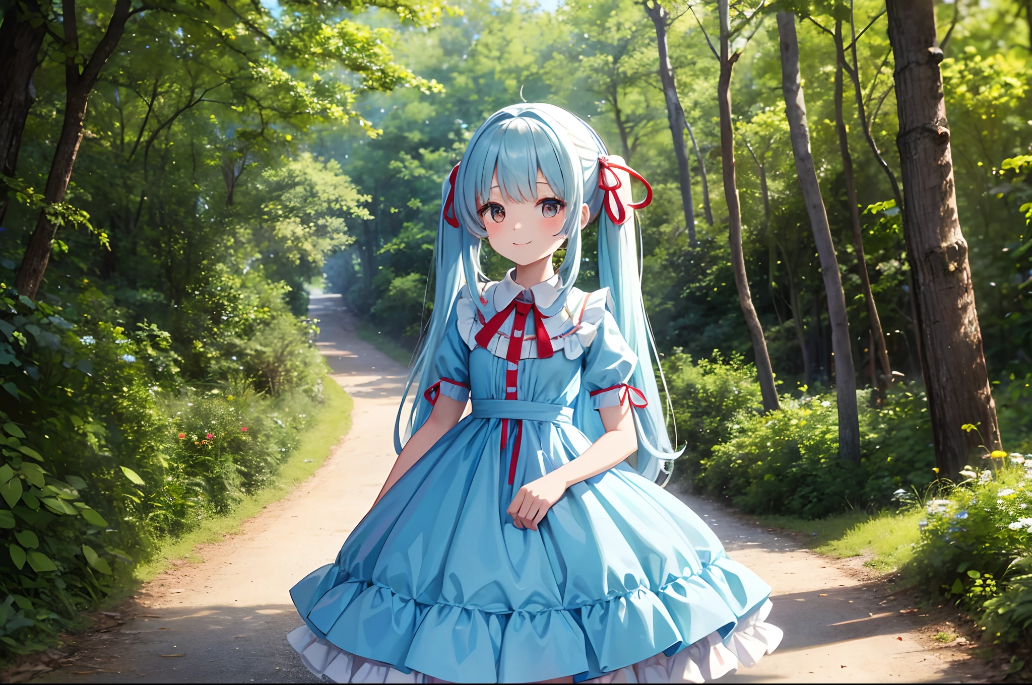in woods　alice in the wonderland　adorable smiling　　Light blue long hair　Twin tails with red ribbon　White and Yellow Lolita Dress　Forest Animals