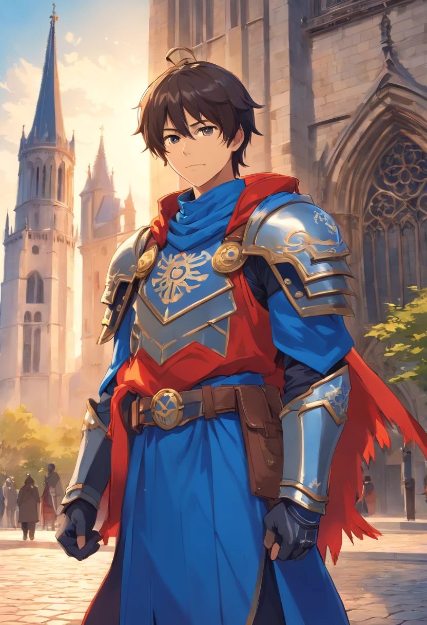 hector fe, solo, looking at viewer, smile, gloves, 1boy, male focus, cape, armor, shoulder armor, castle scenery