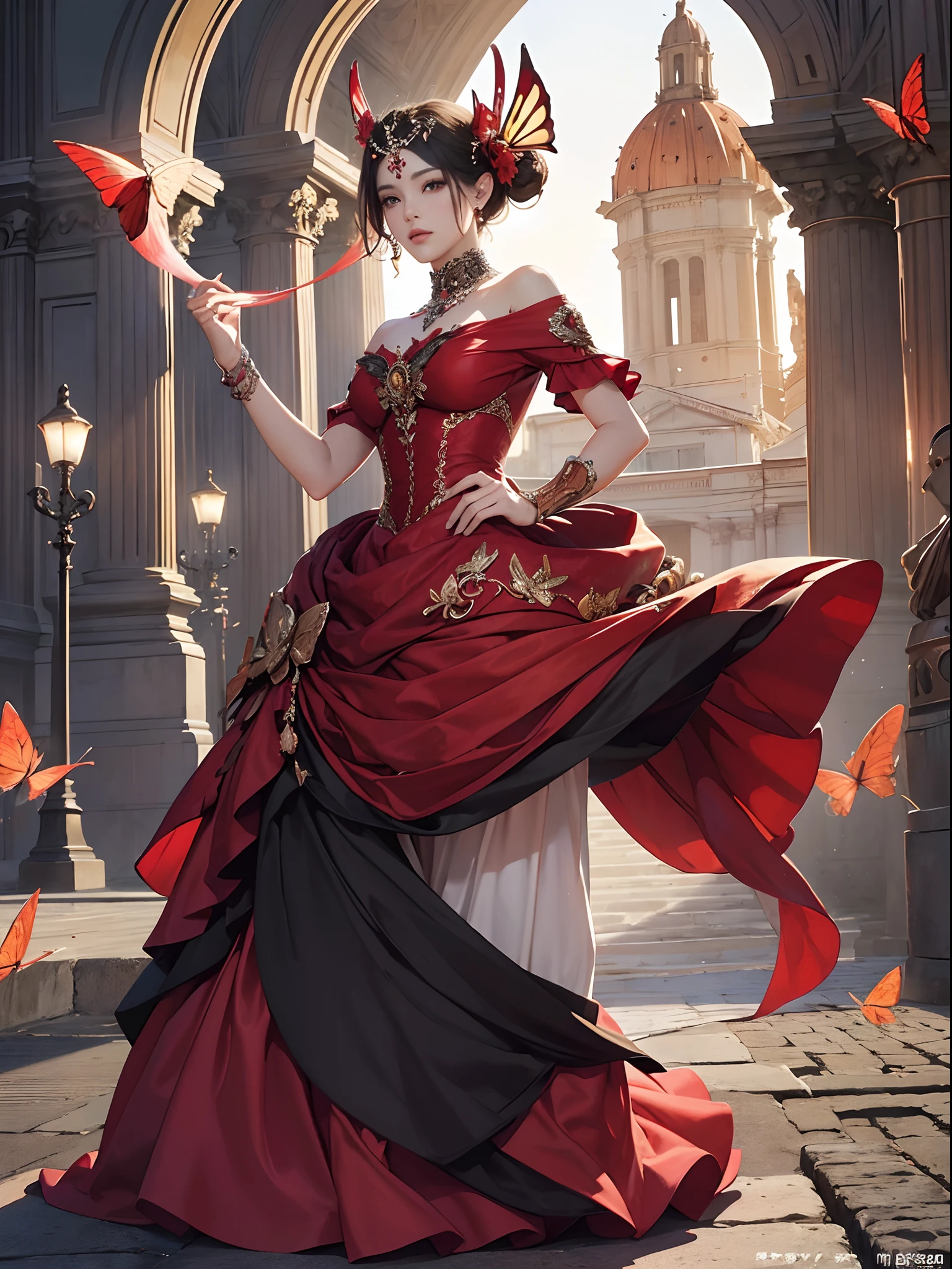 Red tone、Vibrant colors、((masterpiece)))、(((top-quality)))、((ultra-detailliert))、(A hyper-realistic)、(highly detailed CGillustration)、Official art、Rome at the beginning of the 20th century、Decadent、Frighteningly beautiful butterfly female phantom、Masquerade、Elegance、Masks that cover most of the face、Colorful and detailed mask design、matchless beauty、Fans、gorgeous dress、jewely、Perfect Angle、perfect-composition。full body Esbian