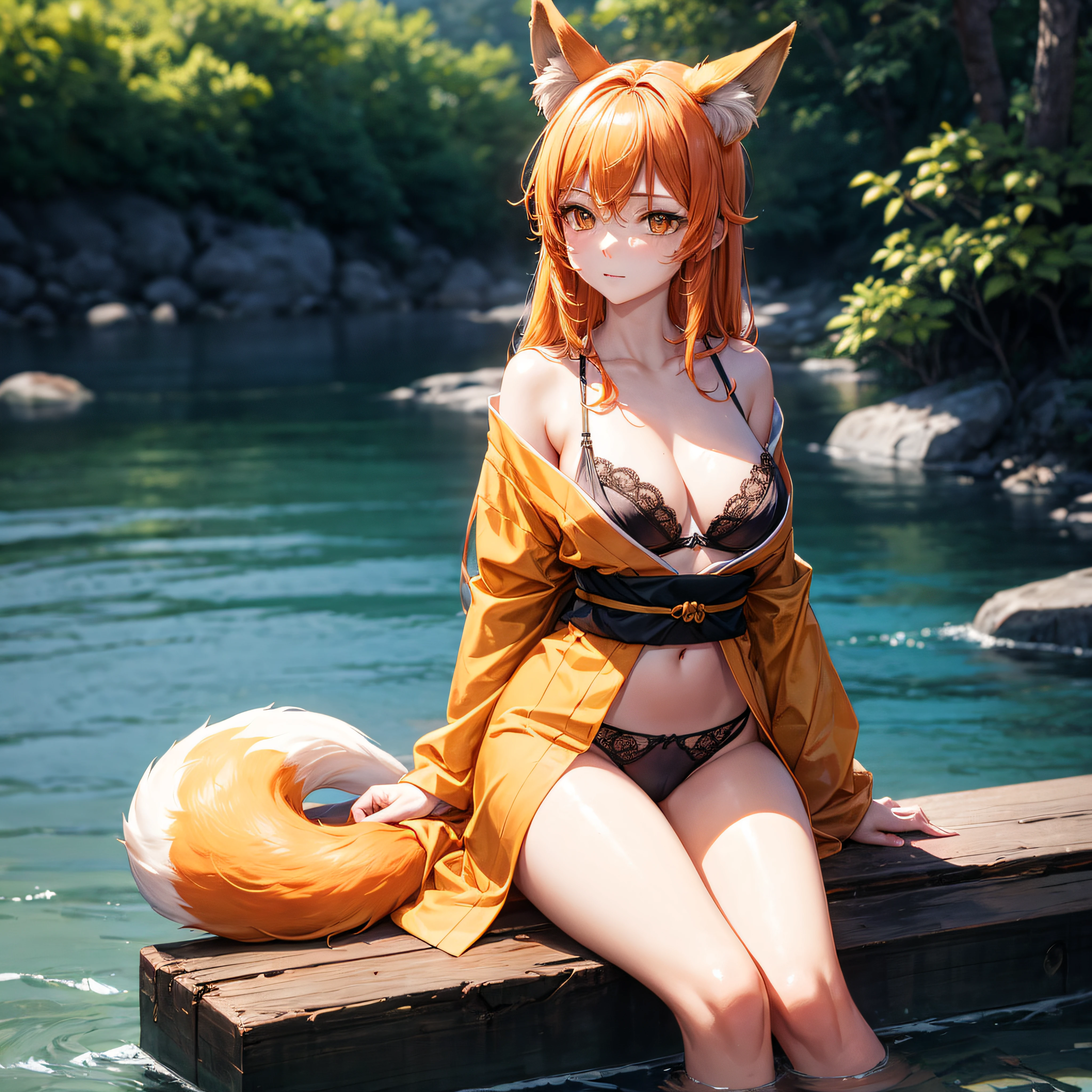 realisitic、top-quality、Sit by the river、((One Woman:1.5))、Orange hair、Very long hair、dishevled hair、Ragged hair、Golden Eyes、Medium chest、fox ear、Fox tail、Black underwear、Orange kimono
