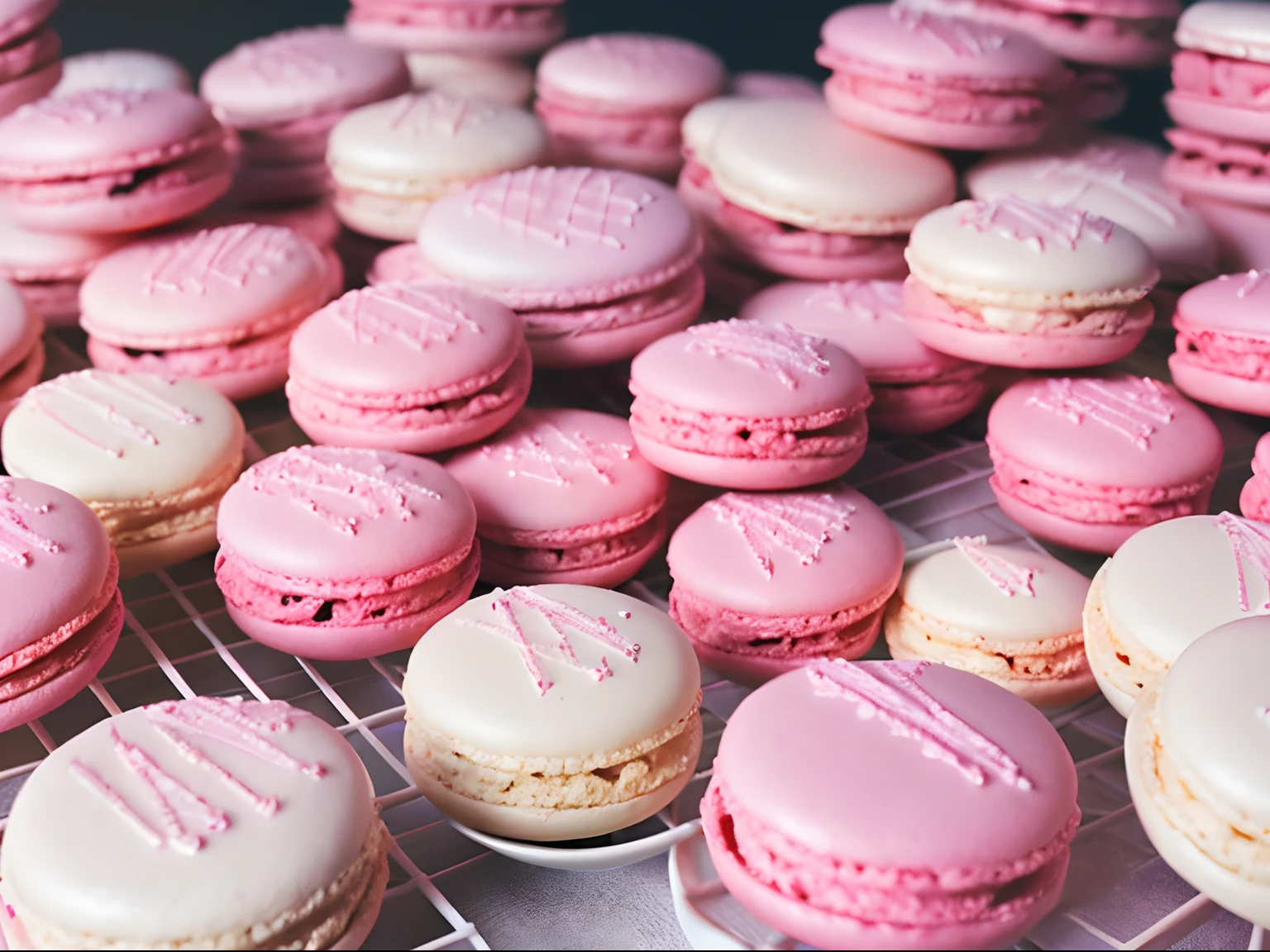 「​masterpiece」「Top image quality」「Ultra-high-density CG」White background、Pink macarons、