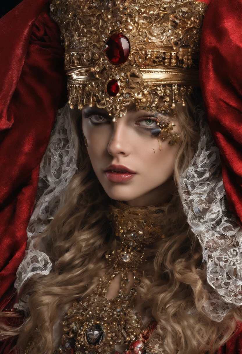 Mulher loira com vestido vermelho com detalhes preto e dourado, com capa e tridente