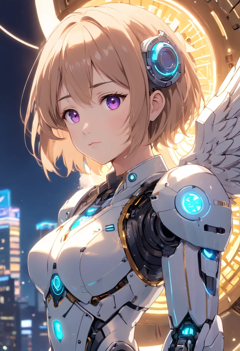 Criar um bot、O gesto da chegada do anjo、suspenso no ar、Facing the camera squarely、corpo completo,in a panoramic view、12 a , com um sorriso encantador, Trigger people's emotions, When you see it, qualidade superior、tmasterpiece、超A high resolution、(Fotorrealista:1.4)、Foto RAW、Steampunk Robot Angel、Grande asa feita de metal、Corpo de porcelana branca、cabelo whaite、Pele brilhante、menina ue、((Detalhes super realistas))、porato、The background of mechanical technology evokes the aura of time,The gears are constantly turning behind him、globaliluminação、sombras negras、octan render、8k、ultrasharp、luz de borda de caractere,Seios colossais、Raw skin is exposed in cleavage、Detalhes de ornamentos complexos、Transparent Acrylic Cover、Sumerian details、hydraulic cylinder、Pequenas luzes LED、Detalhes altamente intrincados、luz realista、um olho roxo、Olhos Radiante、Facing the camera、detalhe da luz neon、cowboy baleado、Chapelaria futurista、Planta baixa sobre o《perssonage cyber punk》、Extra meticuloso、tecnologia do futuro、Vista distante、foto de corpo inteiro、