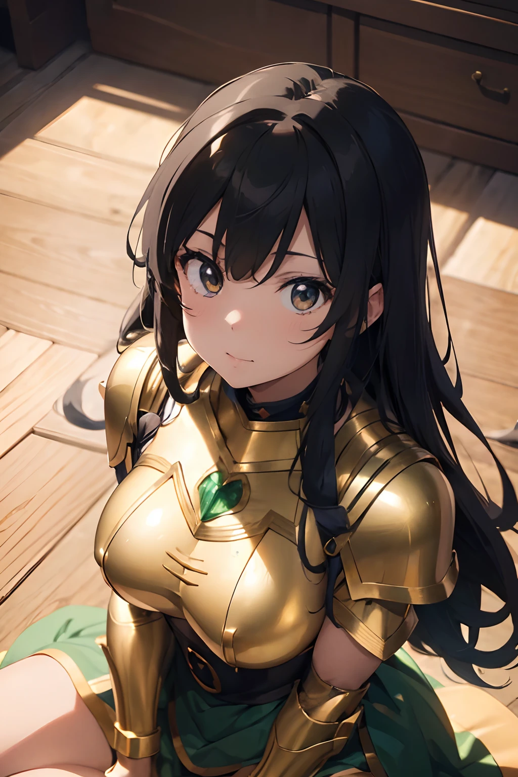 (masterpiece), beautiful anime girl sitting looking at the viewer (((top view))) in shiny golden & green medieval highly detailed orned armor, (body focus), standing, 4k, UHD, (best quality)