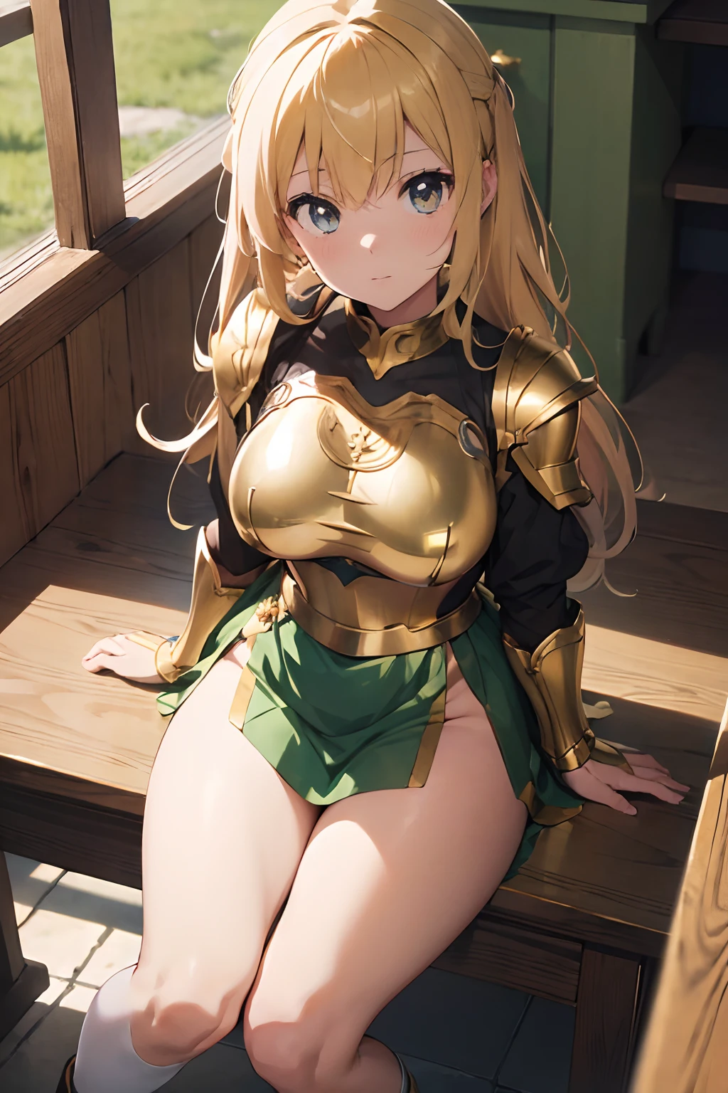 (masterpiece), beautiful anime girl sitting looking at the viewer (((top view))) in shiny golden & green medieval highly detailed orned armor, (body focus), standing, 4k, UHD, (best quality)