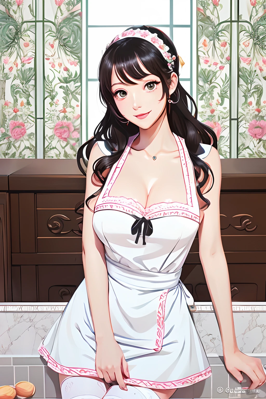 Mouth of Harbour Bay、Cute Chinese Girl、China Girl、Beautuful Women、circle、(White background)、Chinatown、Pastel Red、gradients、Minimum and pure — all、It features a simple、ultra-detailliert、Detailed drawing、vectorized、silhuette、8K。(hyper realisitic), (Illustration), (High resolution), (8K), (Extremely detailed), (Best Illustration), (Beautiful detailed eyes), (Best Quality), (super detailed), (masutepiece), (Wallpaper), (Detailed face), Solo, (Dynamic Pose), 1 girl, White wavy hair in the kitchen, Korean, Heterochromic eyes, Small moles under the eyes, ((Apron)), Big breasts, Long legs, tightens abs, (Camel toes), (Black stockings),