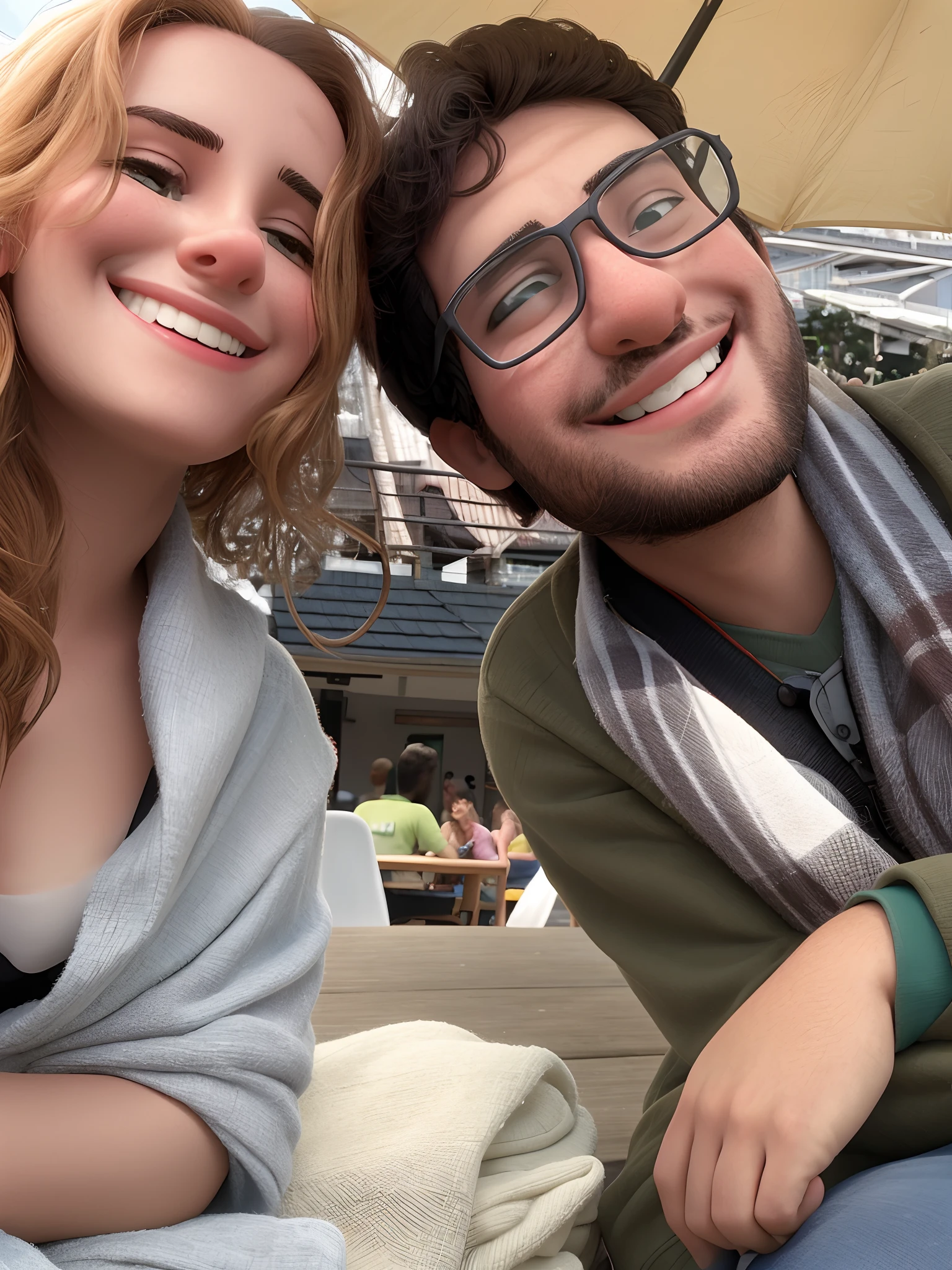 Smiling couple sitting on a bench under an umbrella in a stadium, both smiling for the camera, Casal feliz, on the terrace, vacation photo, in a sidewalk cafe, muito ligeiramente sorridente, happily smiling at the camera, casal sorridente, ligeiramente sorridente, Directed by: Nandor Soldier, sorrindo e olhando diretamente, parecendo feliz, sitting at a café, non blurry